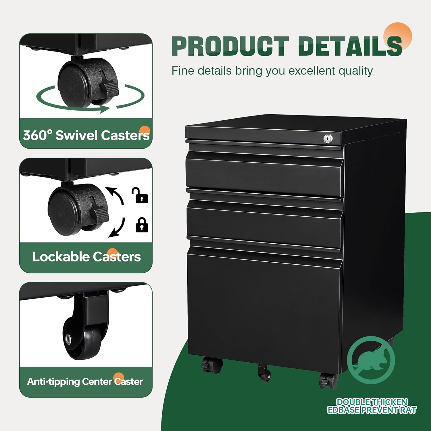 3 Drawer Mobile File Cabinet with Lock,Under Desk Metal Filing Cabinets for Home Office Organizer Letters/Legal/A4((Fully Assembled-Black)