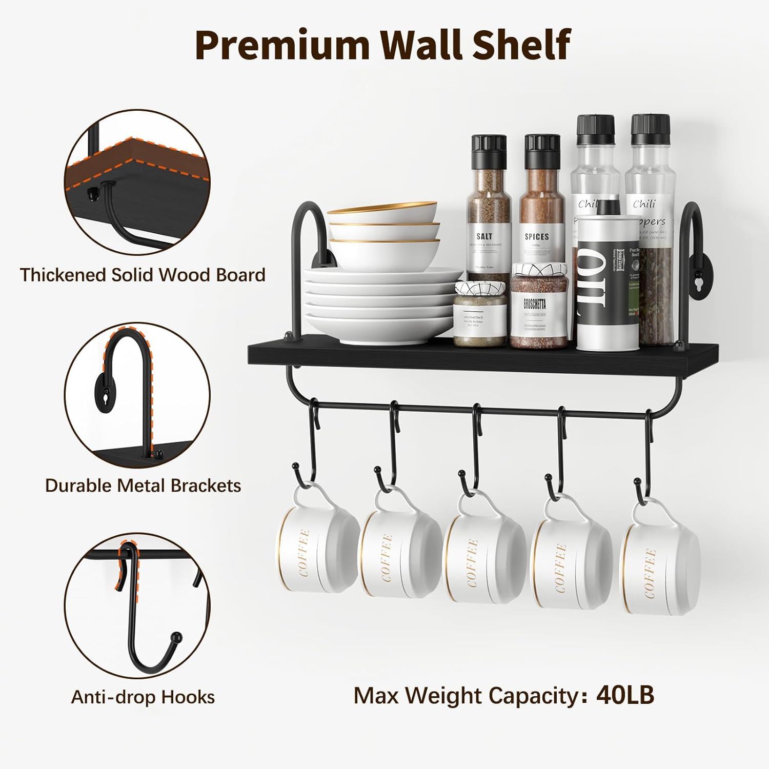 Coffee Mug Cup Holder Wall Mount, Floating Wall Shelves for Coffee Bar Organizer and Decor, Mug Rack Shelf with 10 Hooks for Kitchen Bathroom Coffee Bar Accessories Set of 2 (Carbonized Black)