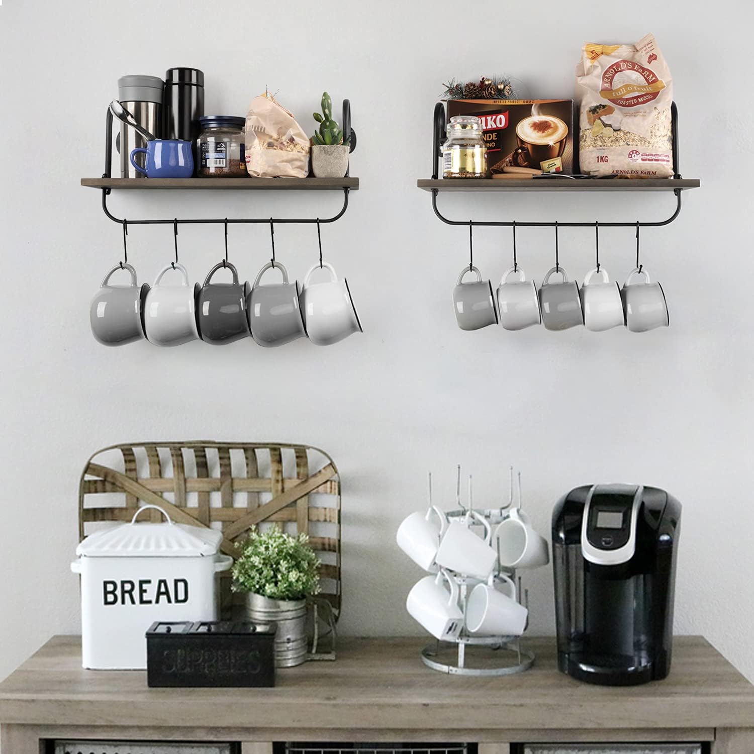 Coffee Mug Cup Holder Wall Mount, Floating Wall Shelves for Coffee Bar Organizer and Decor, Mug Rack Shelf with 10 Hooks for Kitchen Bathroom Coffee Bar Accessories Set of 2 (Carbonized Black)