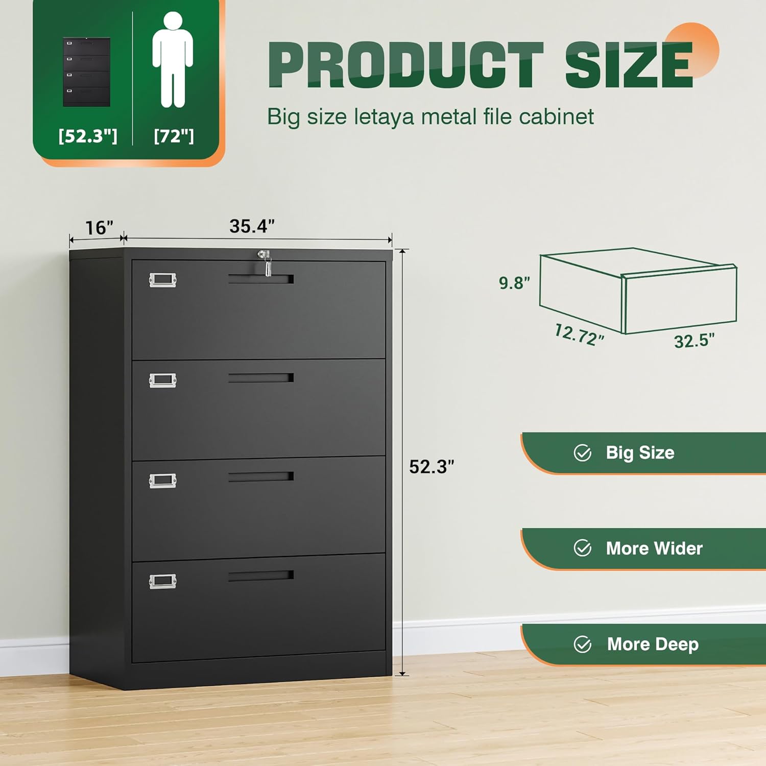 Metal Lateral File Cabinets with Lock,2 Drawer Steel Wide Filing Organization Storage Cabinets,Home Office Furniture for Hanging Files Letter/Legal/F4/A4 Size (Blcak-2 Drawer)