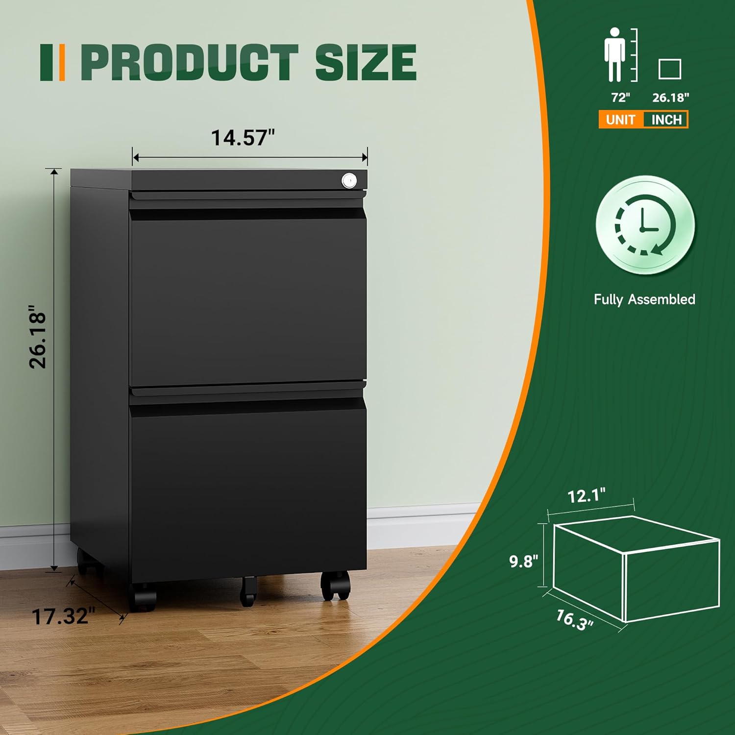 3 Drawer Mobile File Cabinet with Lock,Under Desk Metal Filing Cabinets for Home Office Organizer Letters/Legal/A4((Fully Assembled-Black)