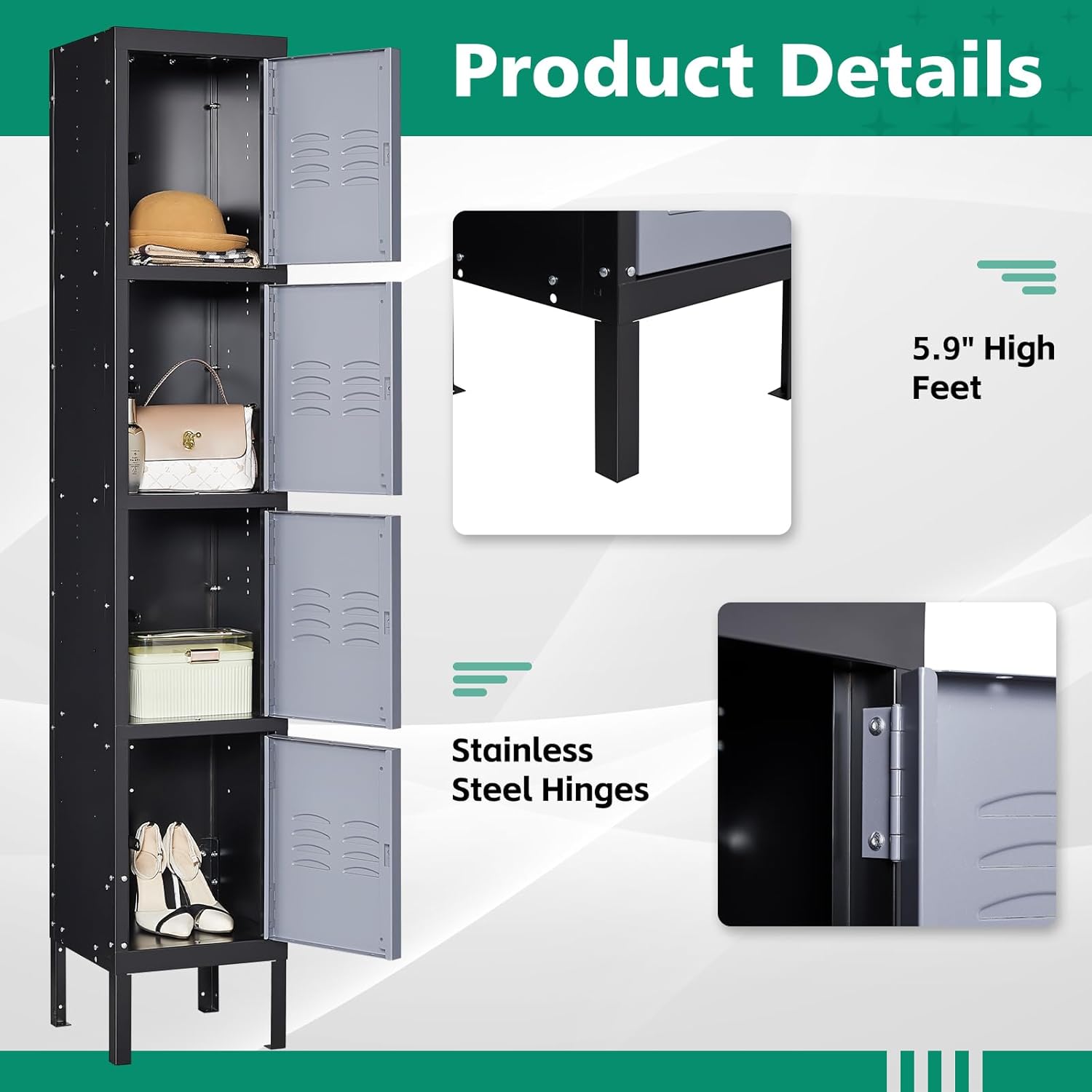 Storage Lockers with Lock Door,Metal Storage Cabinet 4 Tier for Employees, School,Gym, Home,Office(4 Door-Gray)