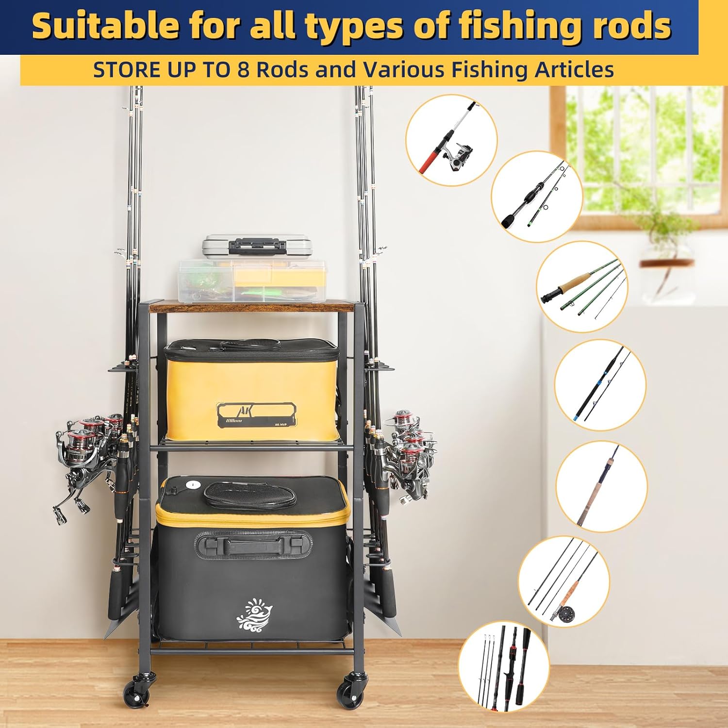 Fishing Rod Holders for Garage, Fishing Pole Holders Rolling Cart with Tackle Storage Organizer for Boat Home Entryway, Equipment Box & Reel Organization, Ideal Gift for Men Dad Anglers