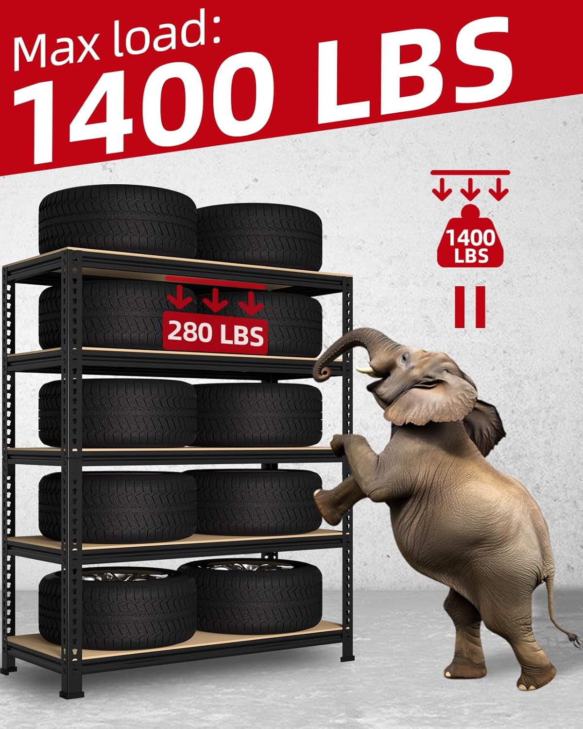 5-Tier Heavy Duty Metal Storage Shelves, Adjustable Utility Rack for Garage, Pantry & Closet, 28"W x 12"D x 59"H, Black