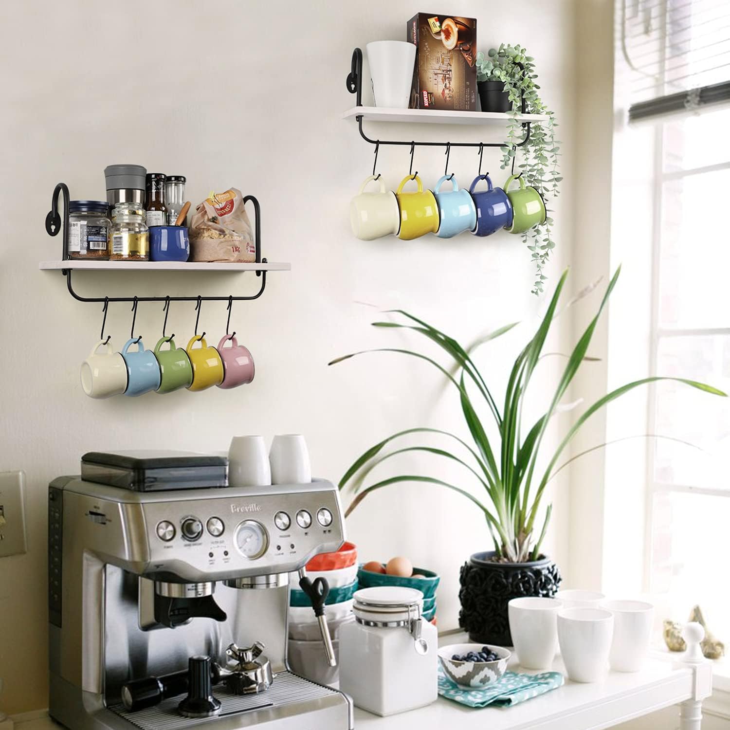 Coffee Mug Cup Holder Wall Mount, Floating Wall Shelves for Coffee Bar Organizer and Decor, Mug Rack Shelf with 10 Hooks for Kitchen Bathroom Coffee Bar Accessories Set of 2 (Carbonized Black)