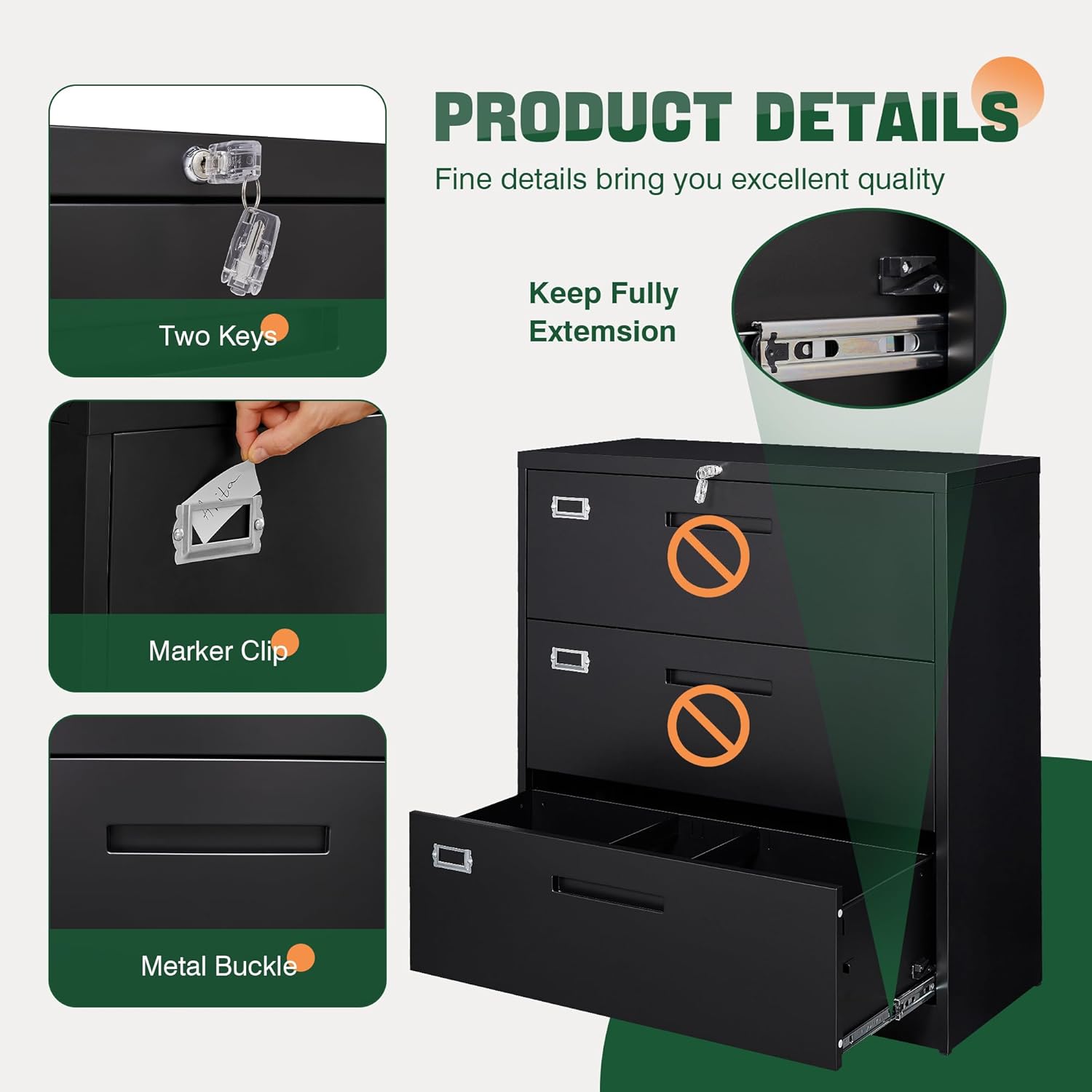 Metal Lateral File Cabinets with Lock,2 Drawer Steel Wide Filing Organization Storage Cabinets,Home Office Furniture for Hanging Files Letter/Legal/F4/A4 Size (Blcak-2 Drawer)