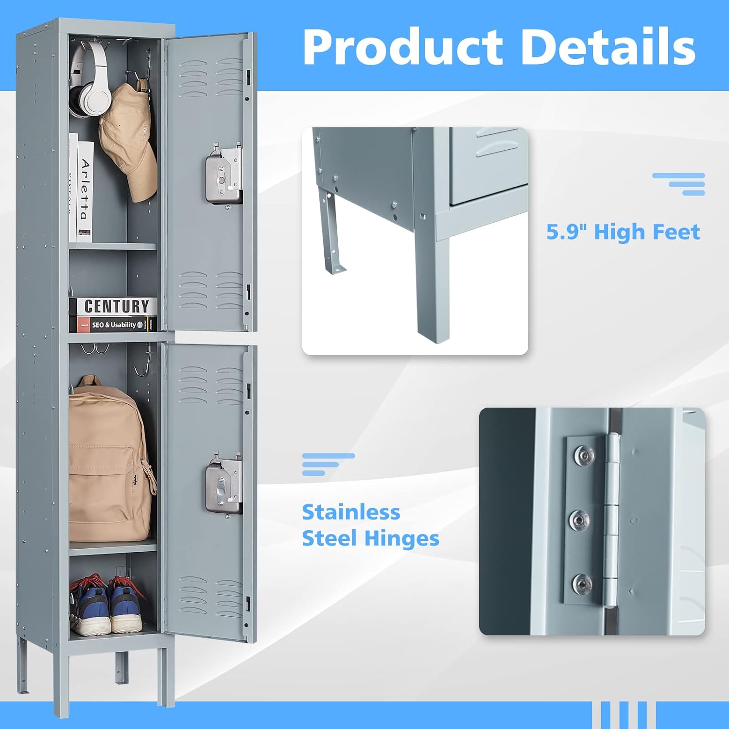 Storage Lockers with Lock Door,Metal Storage Cabinet 4 Tier for Employees, School,Gym, Home,Office(4 Door-Gray)