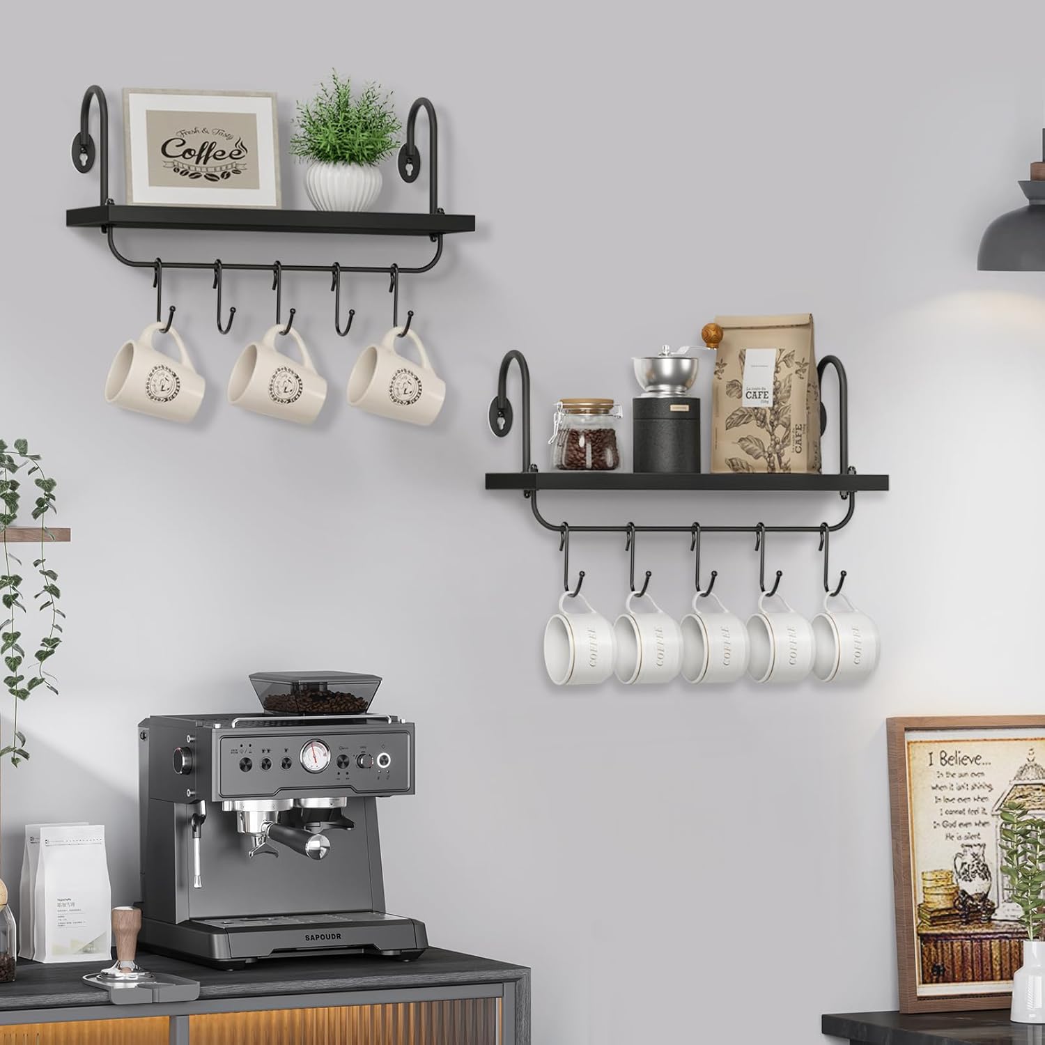 Coffee Mug Cup Holder Wall Mount, Floating Wall Shelves for Coffee Bar Organizer and Decor, Mug Rack Shelf with 10 Hooks for Kitchen Bathroom Coffee Bar Accessories Set of 2 (Carbonized Black)