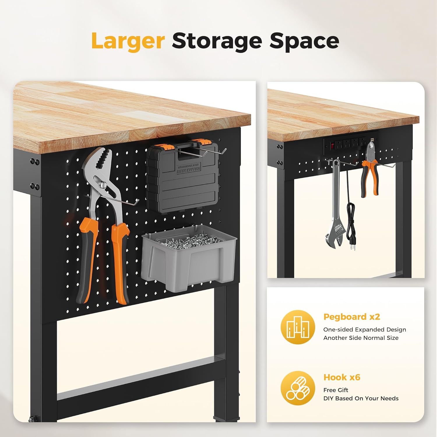96" Adjustable Heavy Duty Workbench, 2000 lbs Load Rubberwood Work Table with Pegboard & Power Outlets for Garage, Workshop & Commercial Use
