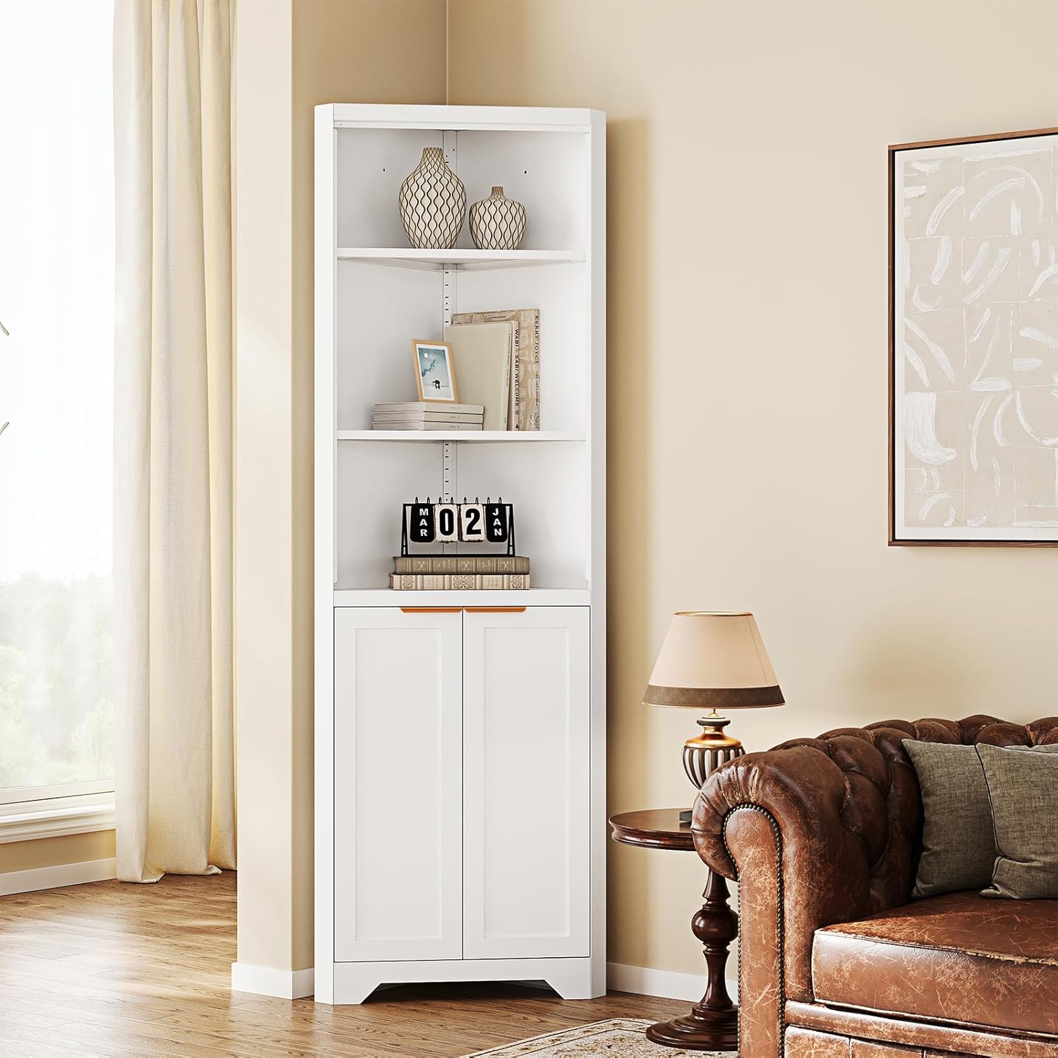 Corner Storage Cabinet with 2 Doors and 3 Shelves,Metal White Tall Corner Cabinets for Home Kitchen