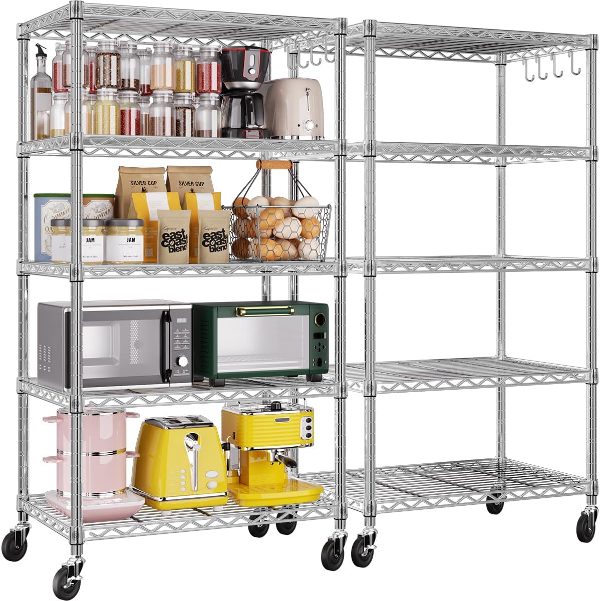 5-Tier Heavy Duty Wire Shelving with Wheels, Adjustable NSF-Certified Rolling Storage Rack for Kitchen, Garage & Laundry, 36"W x 14"D x 74"H