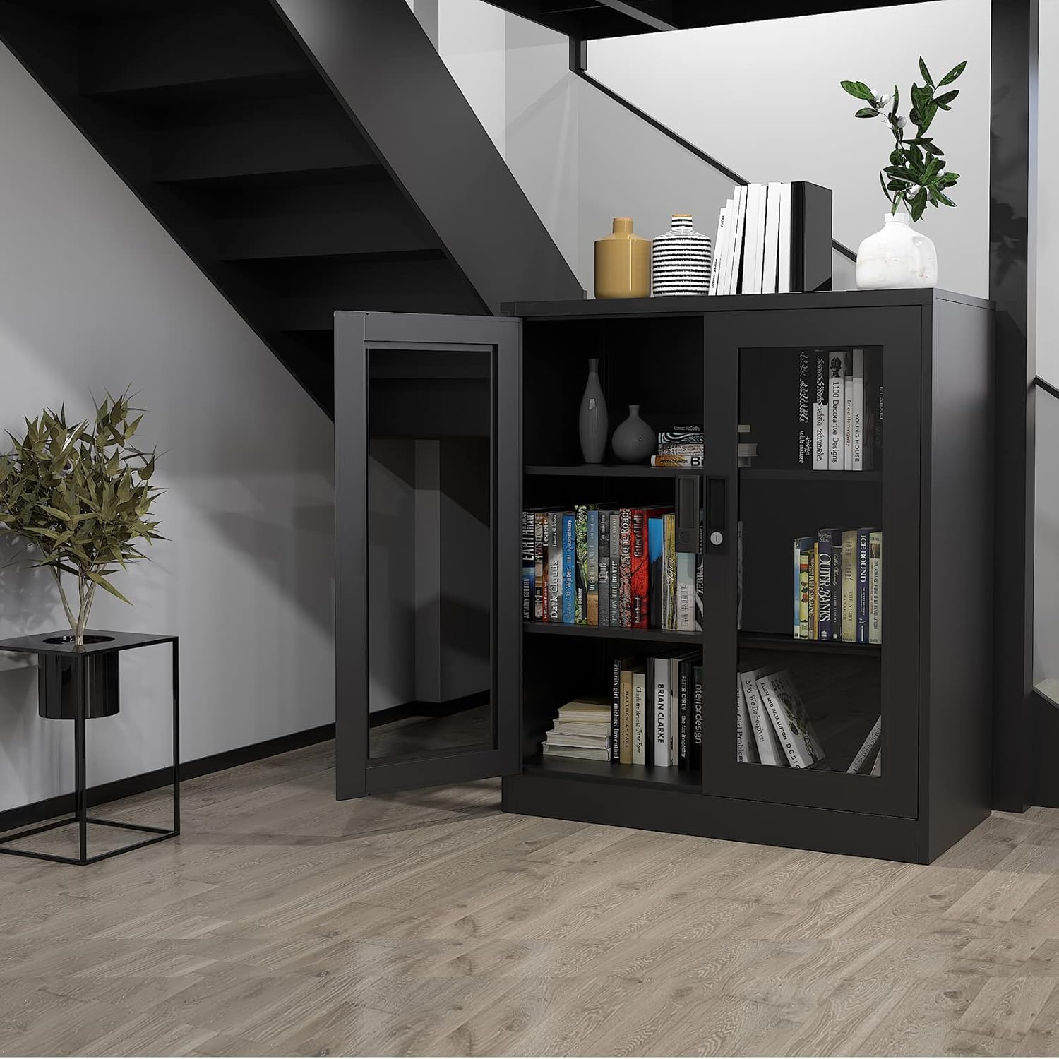 Storage Cabinet with Doors and Shelves,71" Steel Locker Acrylic Glass Door with Lock, for School Home Office