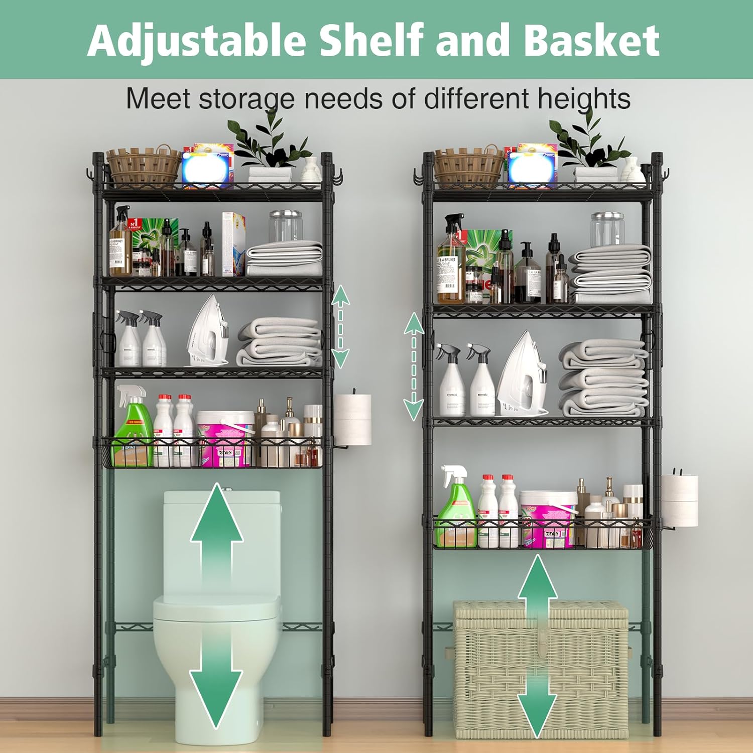 4-Tier Over-the-Toilet Storage Rack, Adjustable Freestanding Bathroom Shelf Organizer with Hooks for Bathroom & Laundry, Black