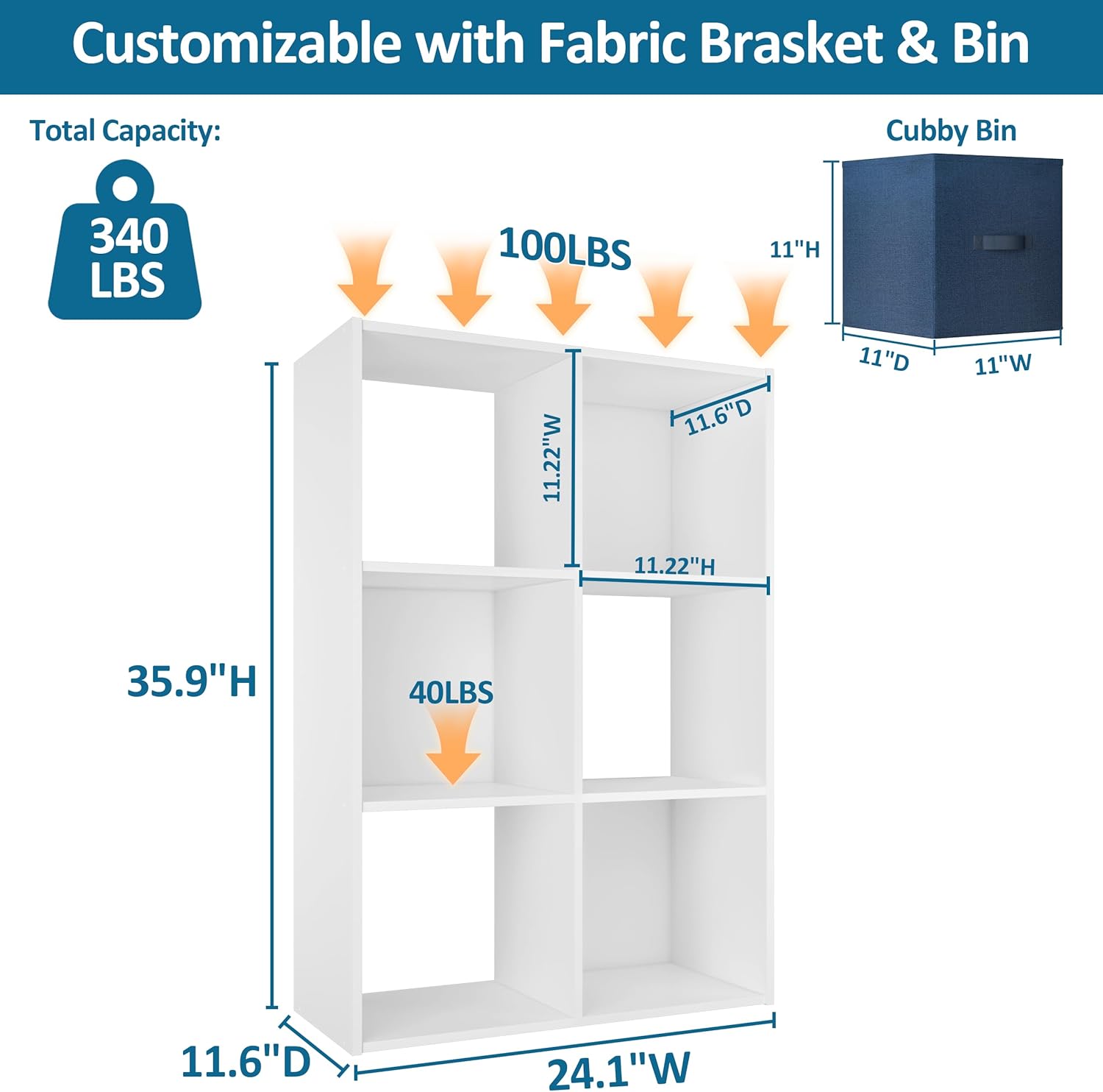 Stackable 6-Cube Storage Organizer, Wooden Open Cubby Shelf for Closet, Bedroom & Toy Storage, White