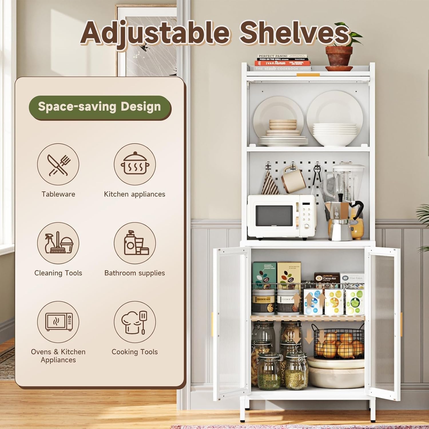 Kitchen Pantry Cabinet,72.6" Tall Kitchen Bakers Rack with Storage, Coffee Hutch with countertop,Metal Microwave Stand with Glass Doors for Dining Room, Laundry, Hallway,White