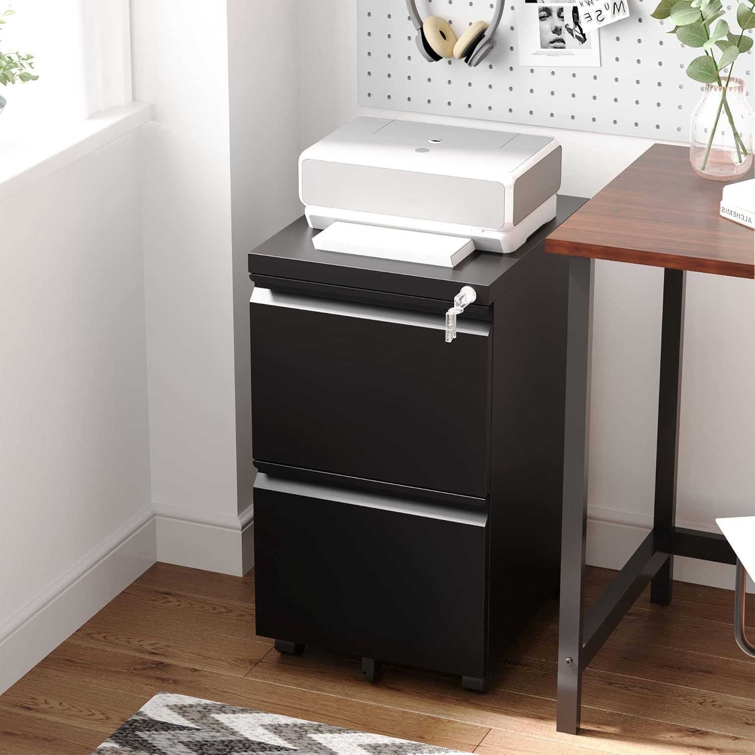 3 Drawer Mobile File Cabinet with Lock,Under Desk Metal Filing Cabinets for Home Office Organizer Letters/Legal/A4((Fully Assembled-Black)