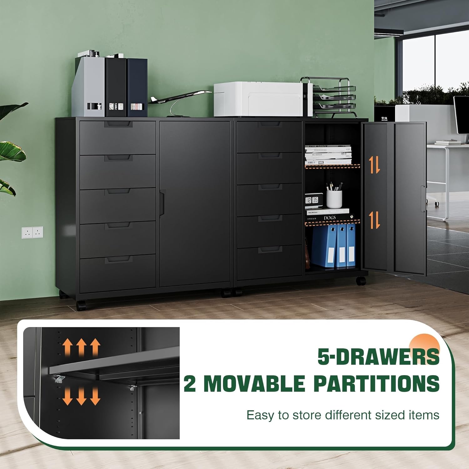 5 Drawer Storage Cabinet, Mobile Printer Stand for Home Office,Dresser Chest with Shelves and Door(Black)