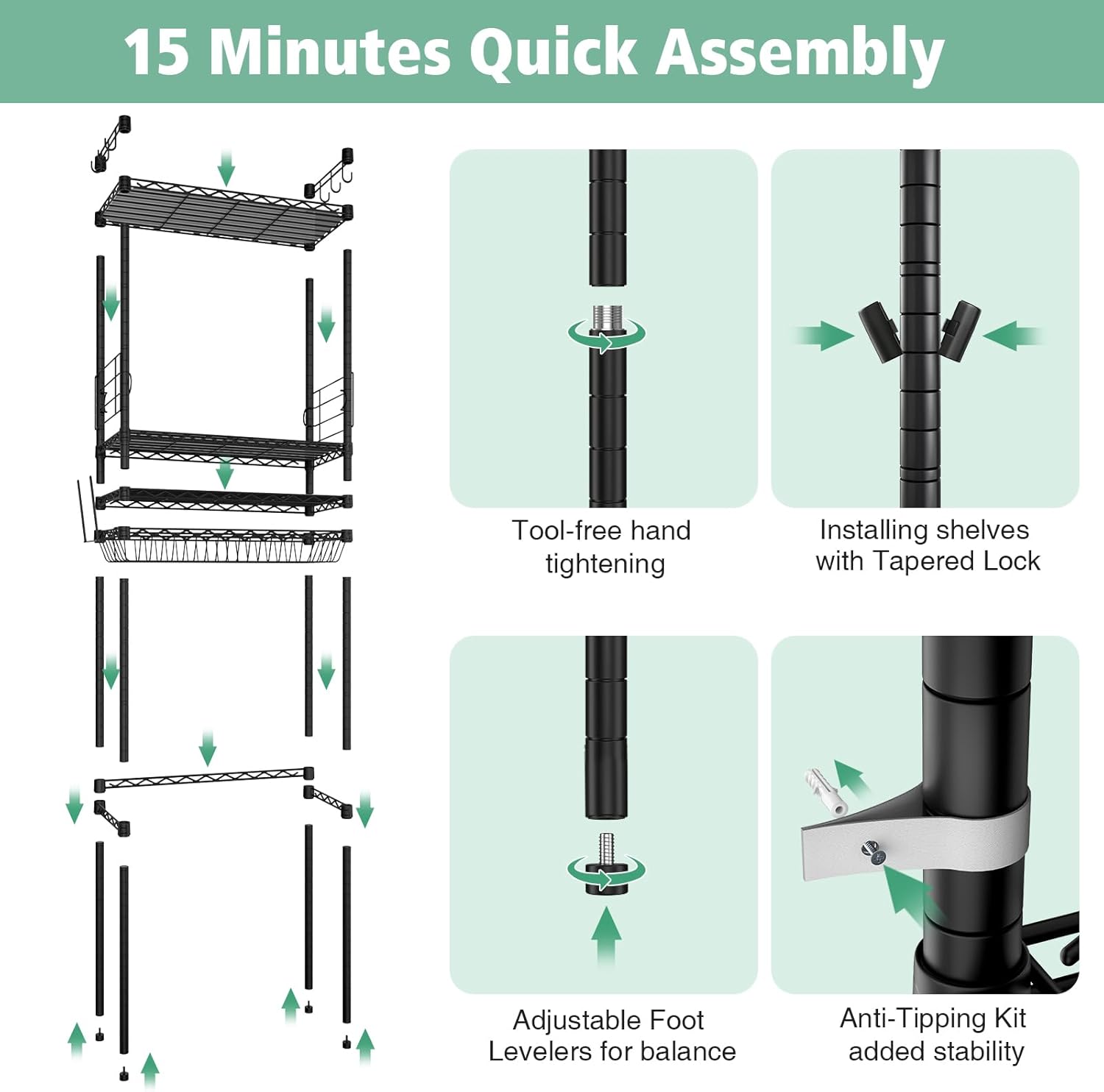 4-Tier Over-the-Toilet Storage Rack, Adjustable Freestanding Bathroom Shelf Organizer with Hooks for Bathroom & Laundry, Black