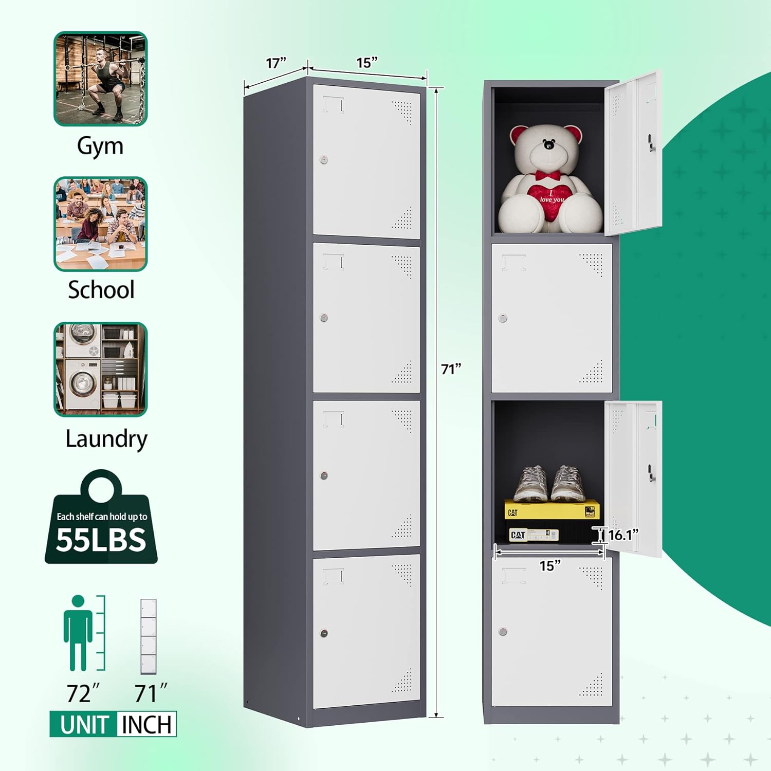 Metal Lockers for Employees,71" Steel Storage Cabinet with 6 Door Lockable for Office Staff,Home,Gym,School (Grey White)