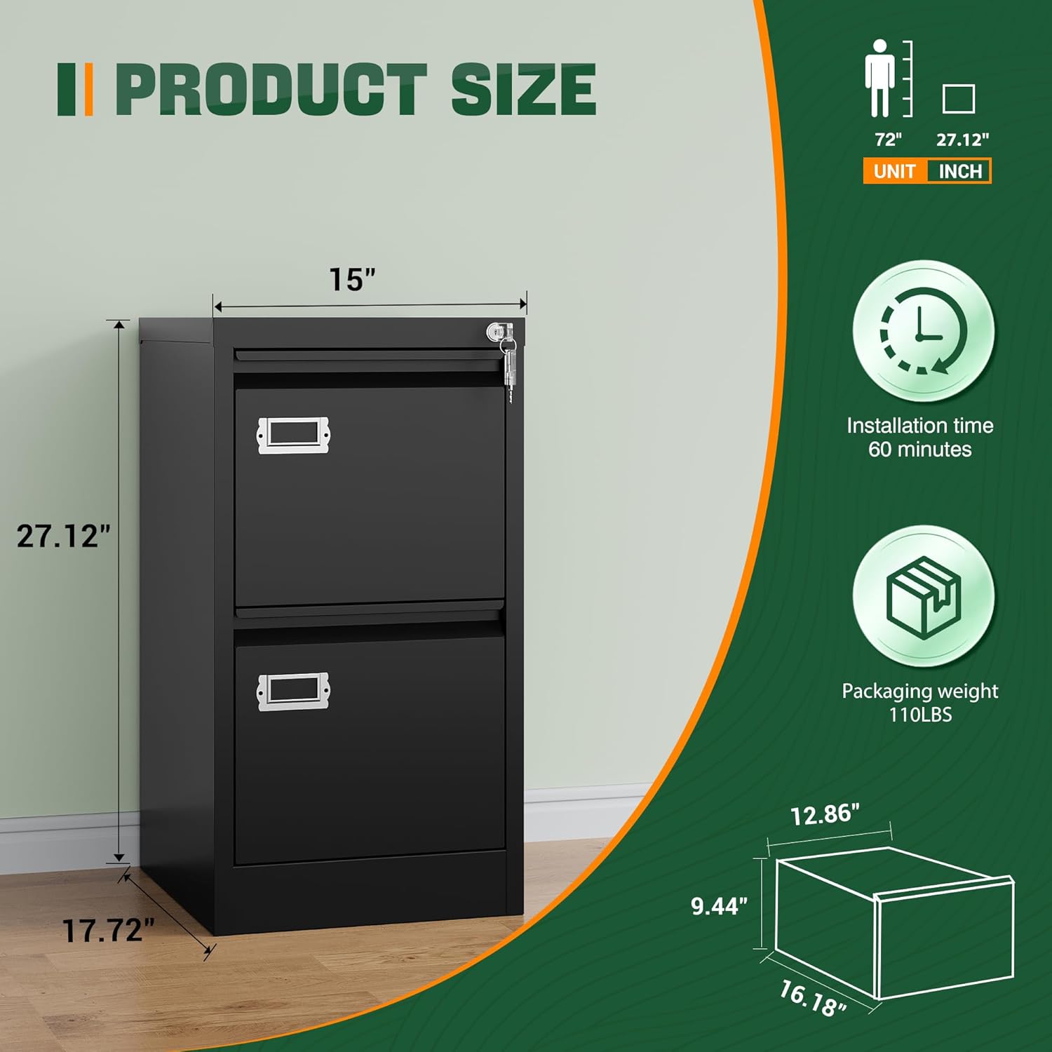 2 Drawer File Cabinet with Lock,Metal Office Small Filing Cabinets for Home Office,Storage Letter,Black-Easy Assemble