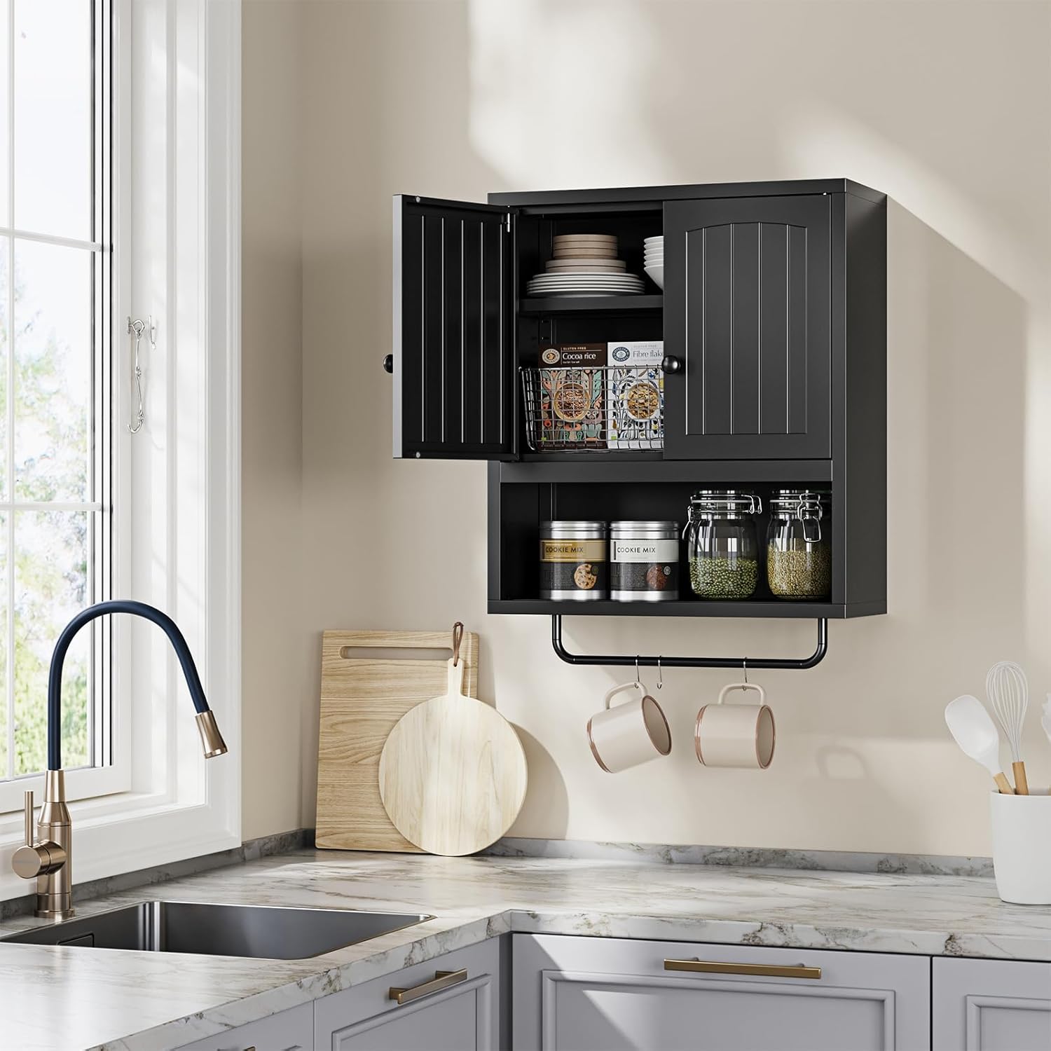 Metal Bathroom Wall Cabinet with 2 Doors,Medicine Cabinet with Towel Rack,Wall Mounted Storage Cabinet (Black)