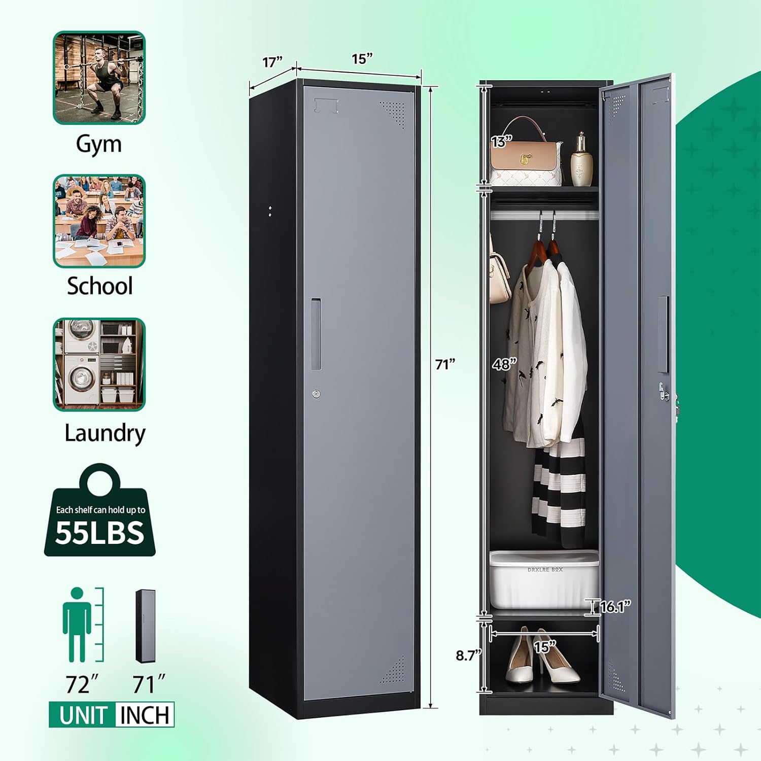 Metal Lockers for Employees,71" Steel Storage Cabinet with 6 Door Lockable for Office Staff,Home,Gym,School (Grey White)