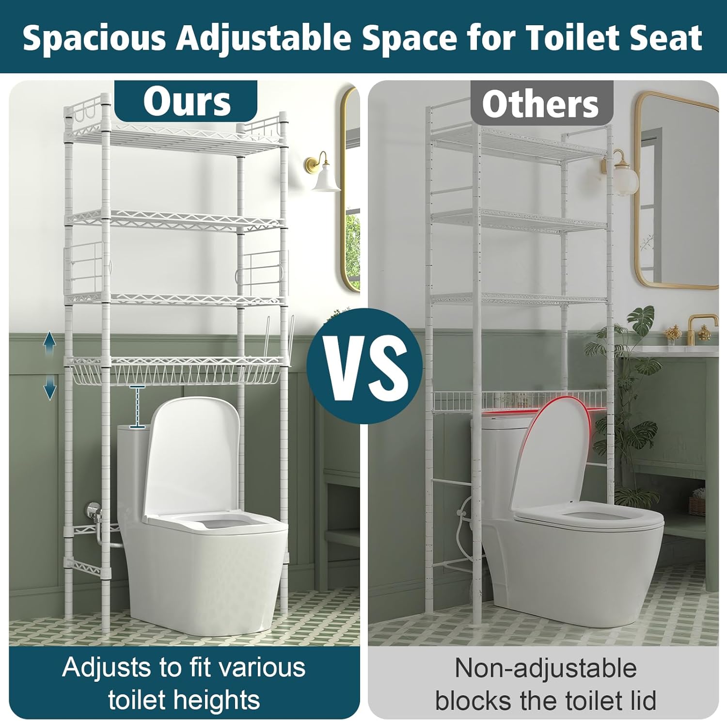 4-Tier Over-the-Toilet Storage Rack, Adjustable Freestanding Bathroom Shelf Organizer with Hooks for Bathroom & Laundry, Black