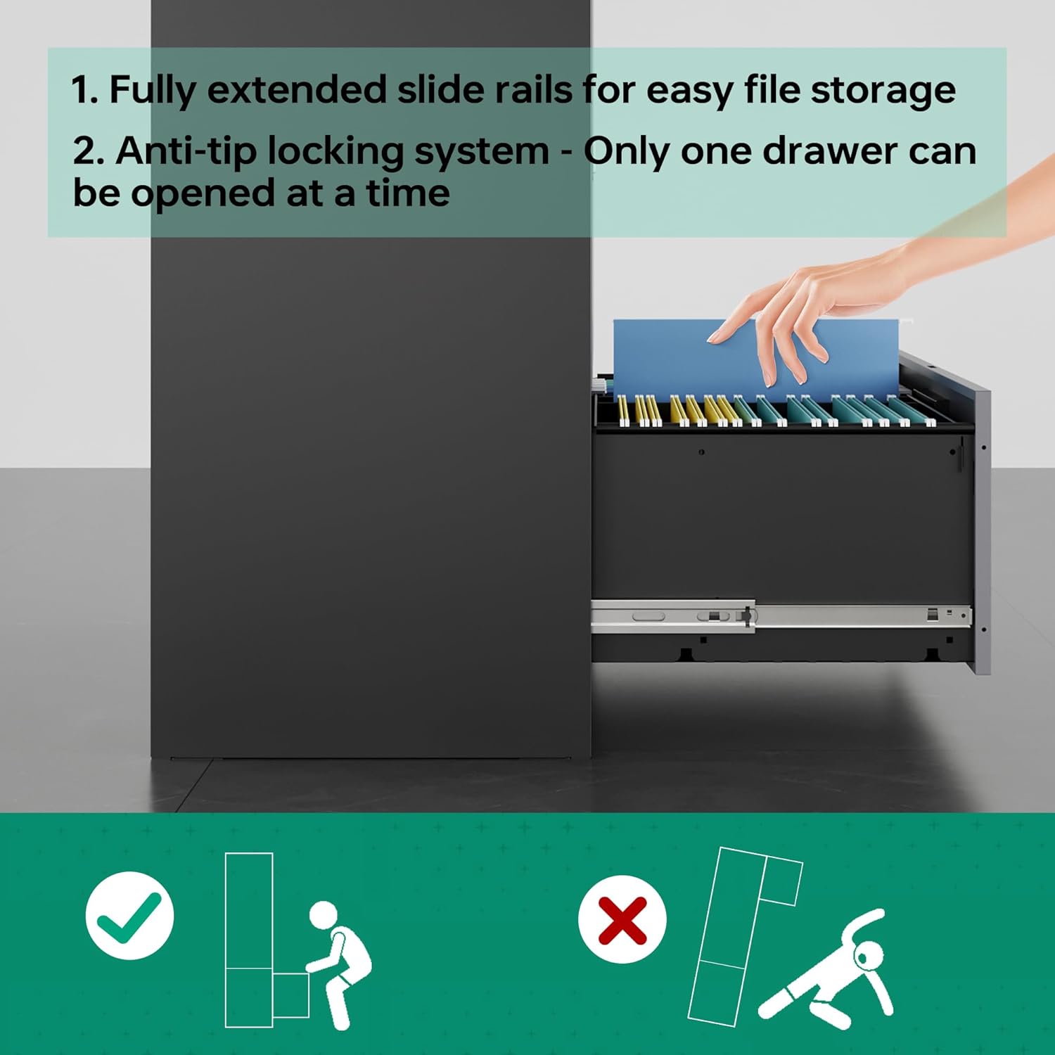 Metal Lateral File Cabinets with Lock,2 Drawer Steel Wide Filing Organization Storage Cabinets,Home Office Furniture for Hanging Files Letter/Legal/F4/A4 Size (Blcak-2 Drawer)