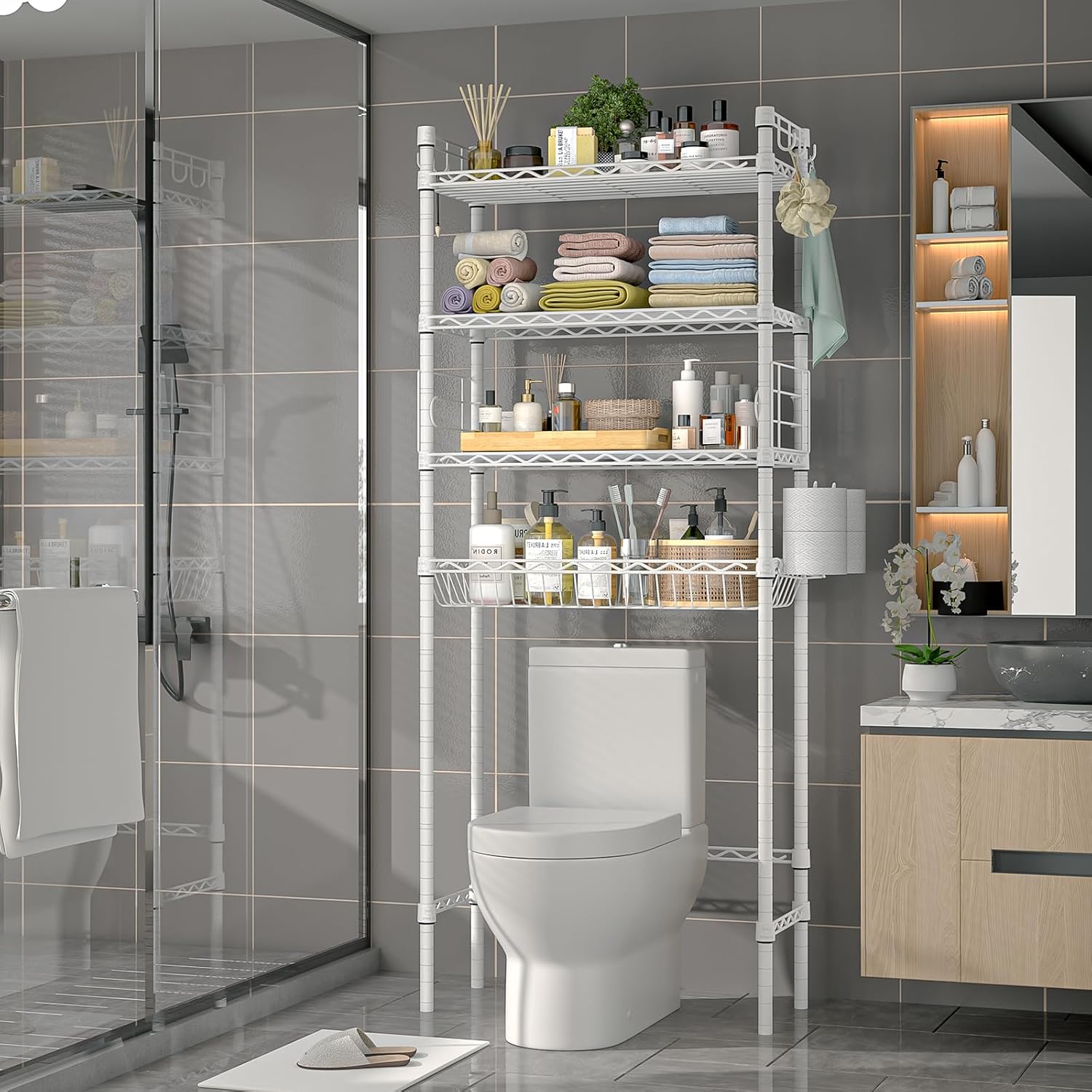 4-Tier Over-the-Toilet Storage Rack, Adjustable Freestanding Bathroom Shelf Organizer with Hooks for Bathroom & Laundry, Black