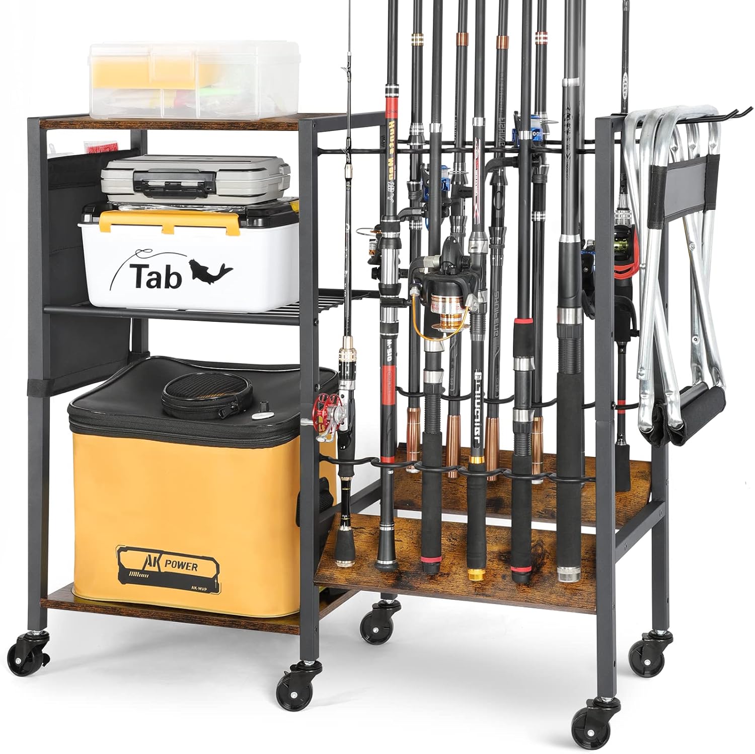 Fishing Rod Holders for Garage, Fishing Pole Holders Rolling Cart with Tackle Storage Organizer for Boat Home Entryway, Equipment Box & Reel Organization, Ideal Gift for Men Dad Anglers