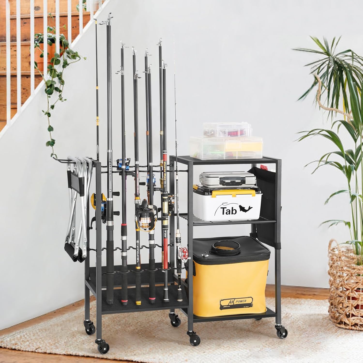 Fishing Rod Holders for Garage, Fishing Pole Holders Rolling Cart with Tackle Storage Organizer for Boat Home Entryway, Equipment Box & Reel Organization, Ideal Gift for Men Dad Anglers