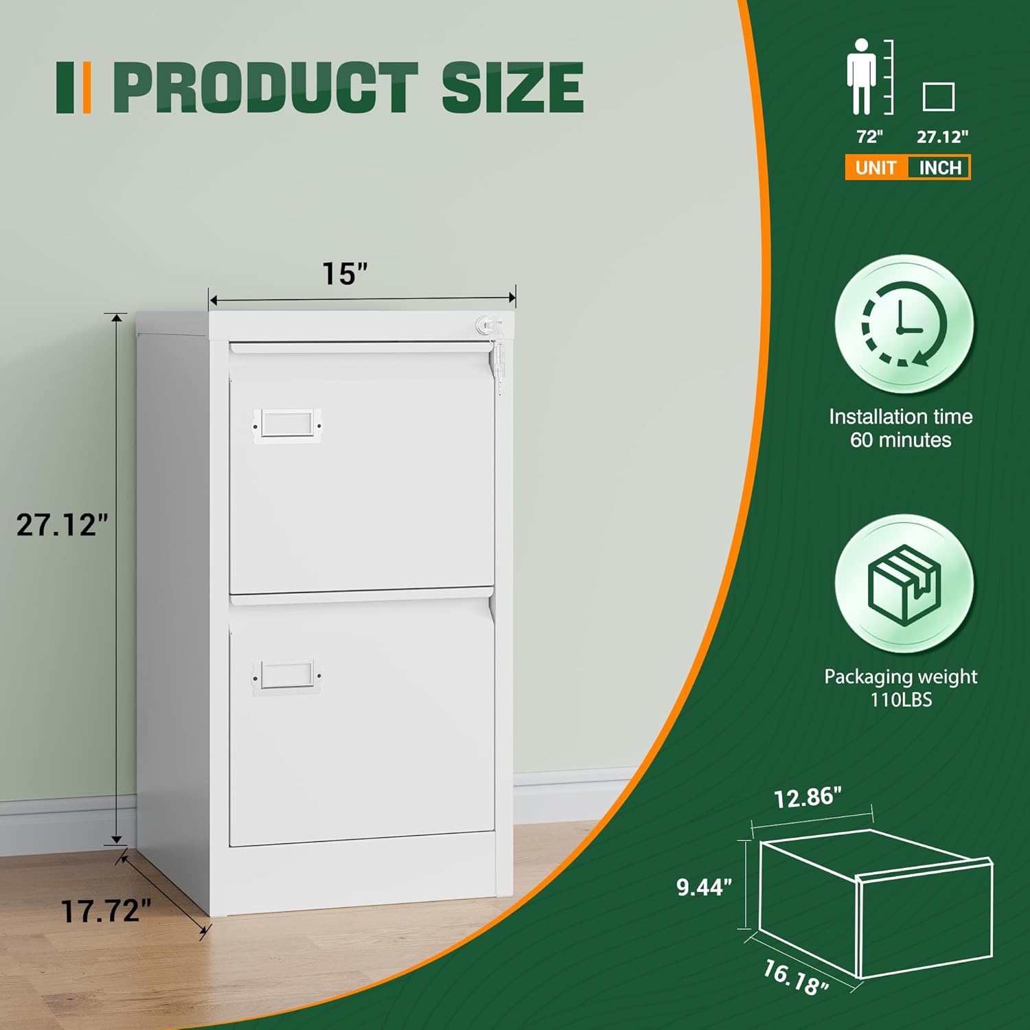 2 Drawer File Cabinet with Lock,Metal Office Small Filing Cabinets for Home Office,Storage Letter,Black-Easy Assemble