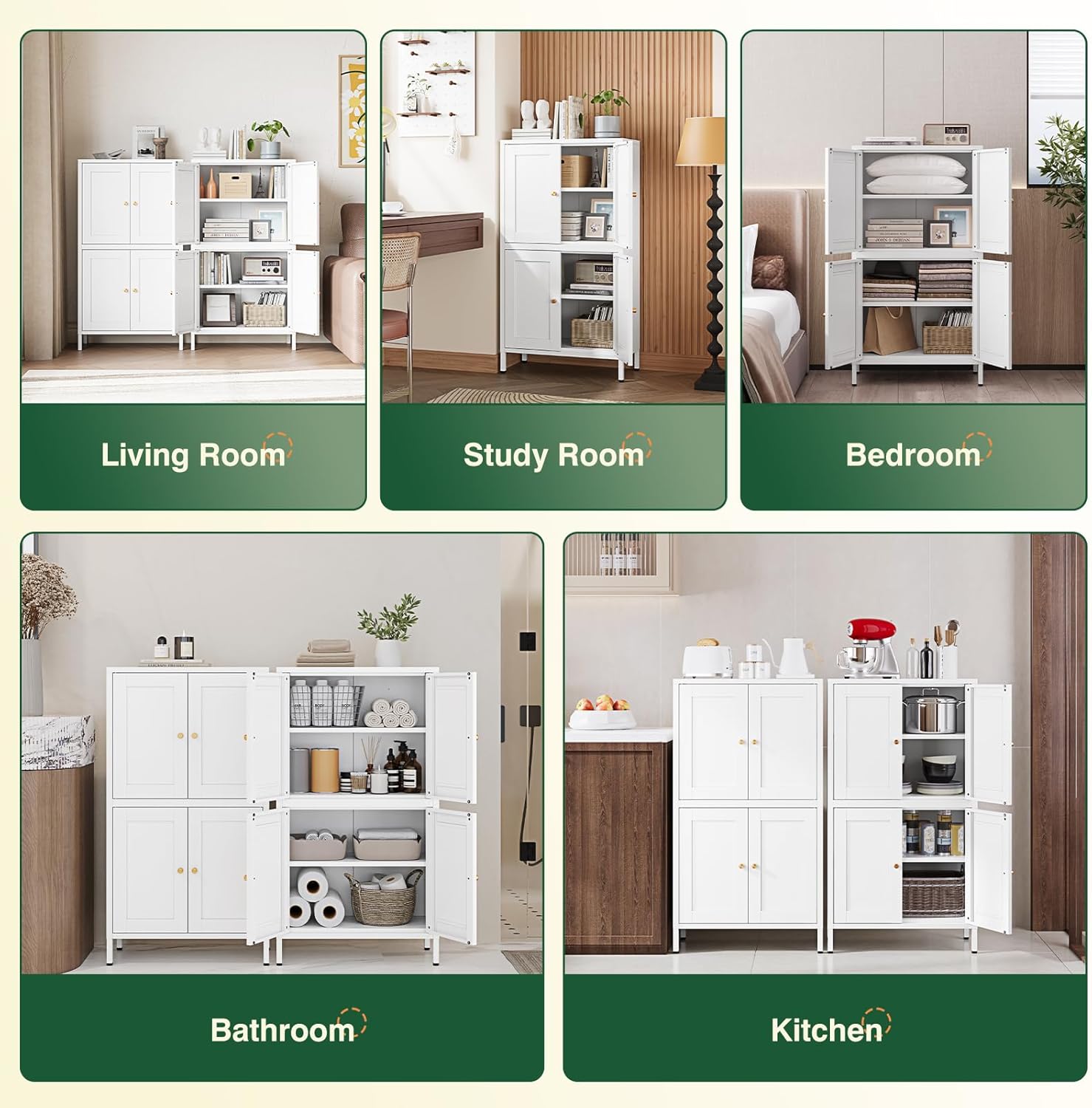 Storage Cabinet with Doors and Shelves,Small Freestanding Bathroom Floor Metal Cabinets -White
