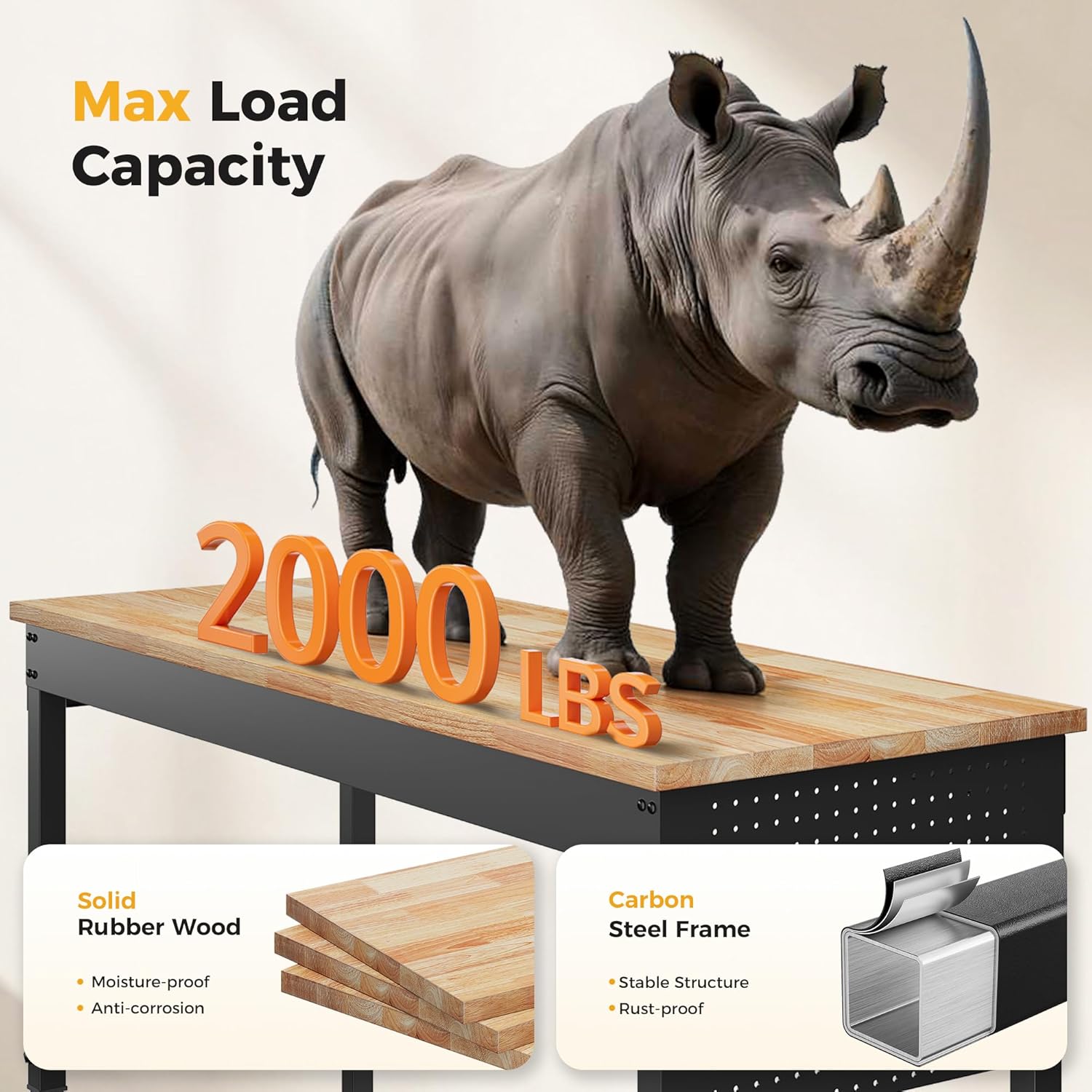 60" Adjustable Heavy Duty Workbench, 2000 lbs Load Rubberwood Work Table with Pegboard & Power Outlets for Garage, Workshop & Office