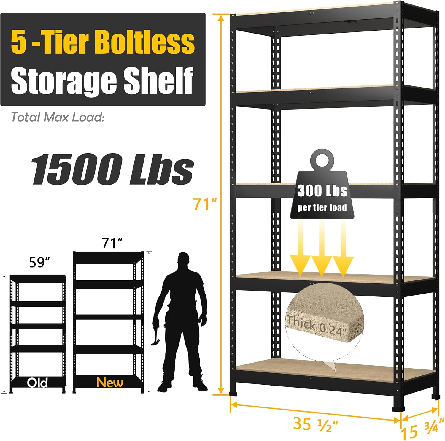Adjustable Heavy Duty Metal Shelving Unit for Garage, Pantry & Basement Storage, 48"W x 24"D x 72"H, Black