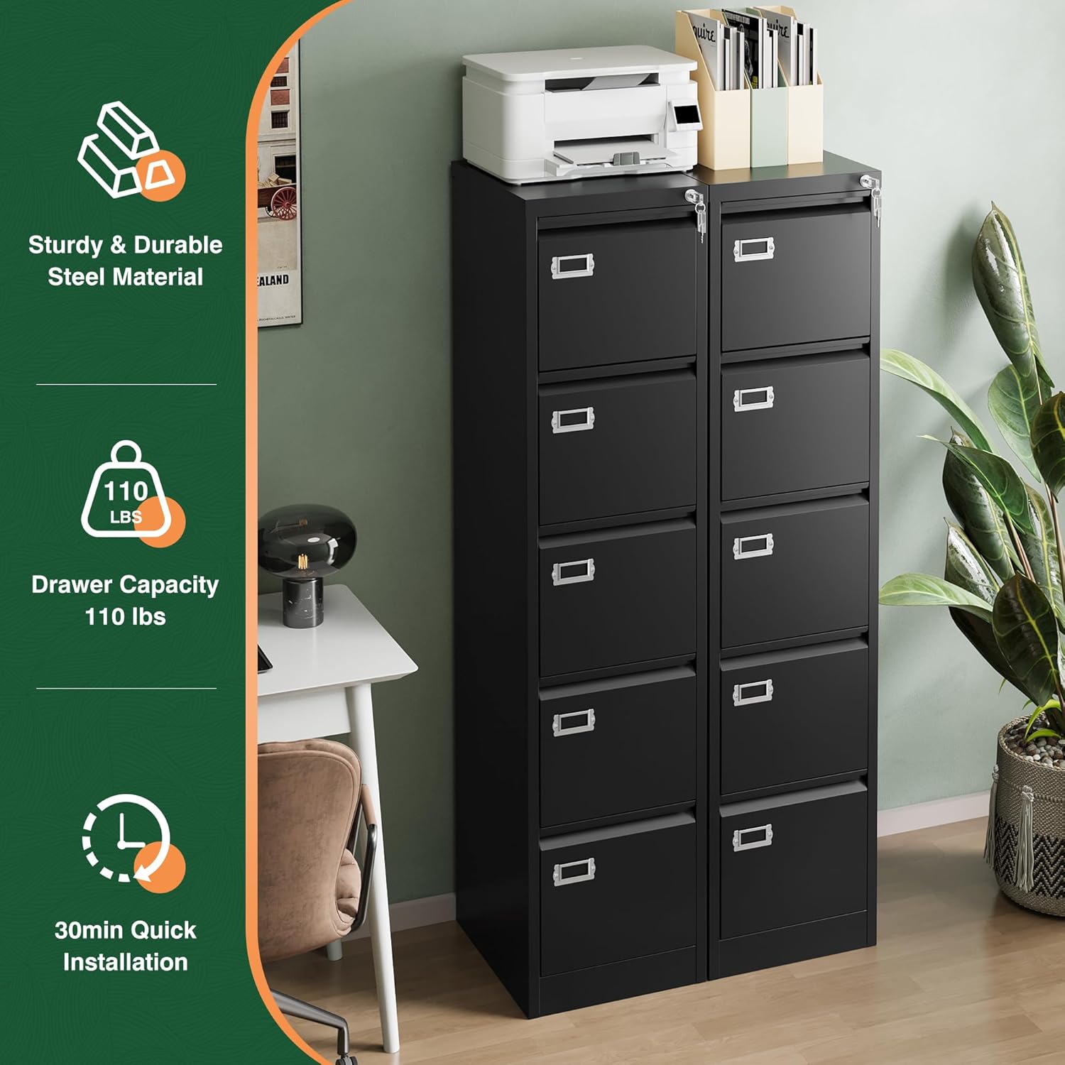 2 Drawer File Cabinet with Lock,Metal Office Small Filing Cabinets for Home Office,Storage Letter,Black-Easy Assemble