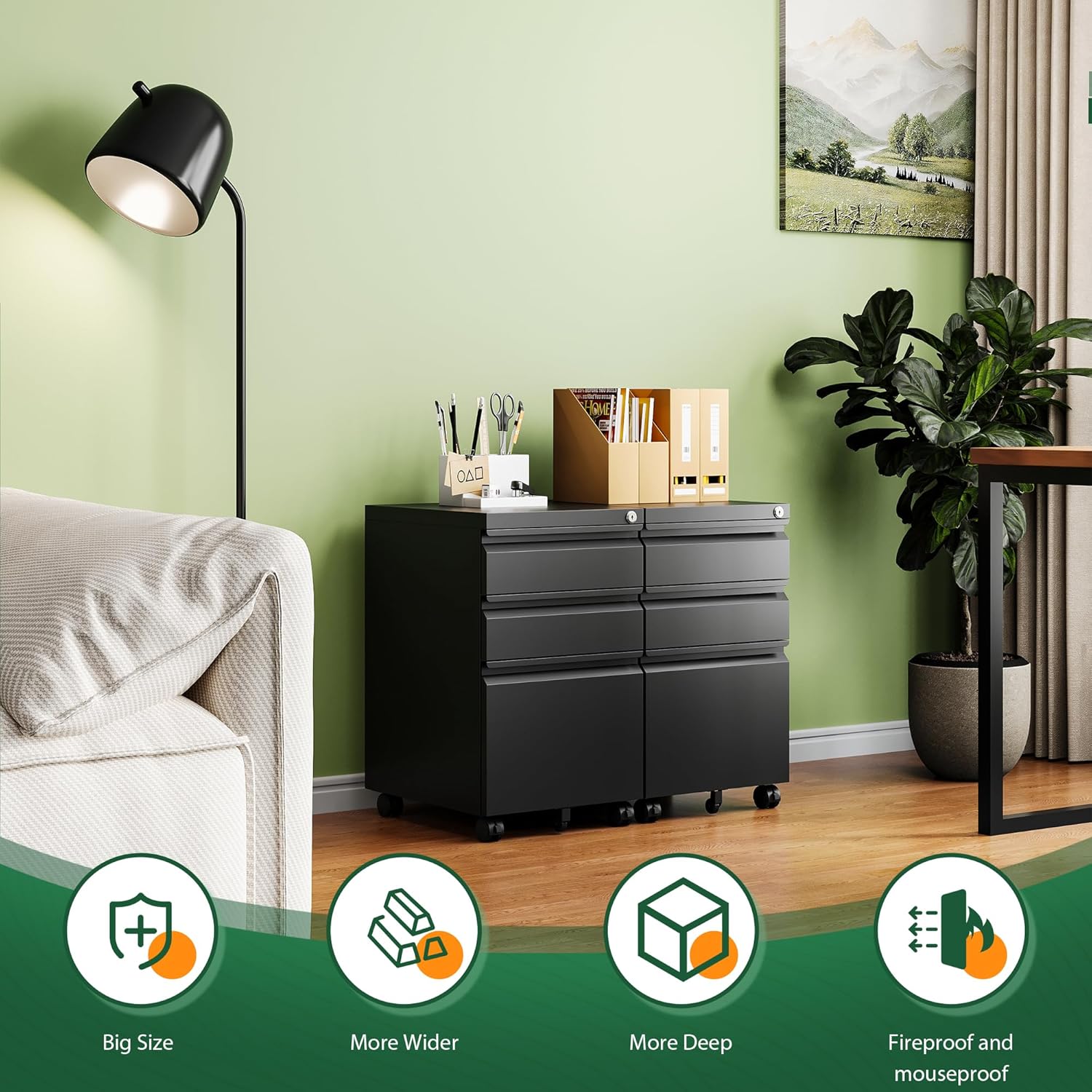 3 Drawer Mobile File Cabinet with Lock,Under Desk Metal Filing Cabinets for Home Office Organizer Letters/Legal/A4((Fully Assembled-Black)