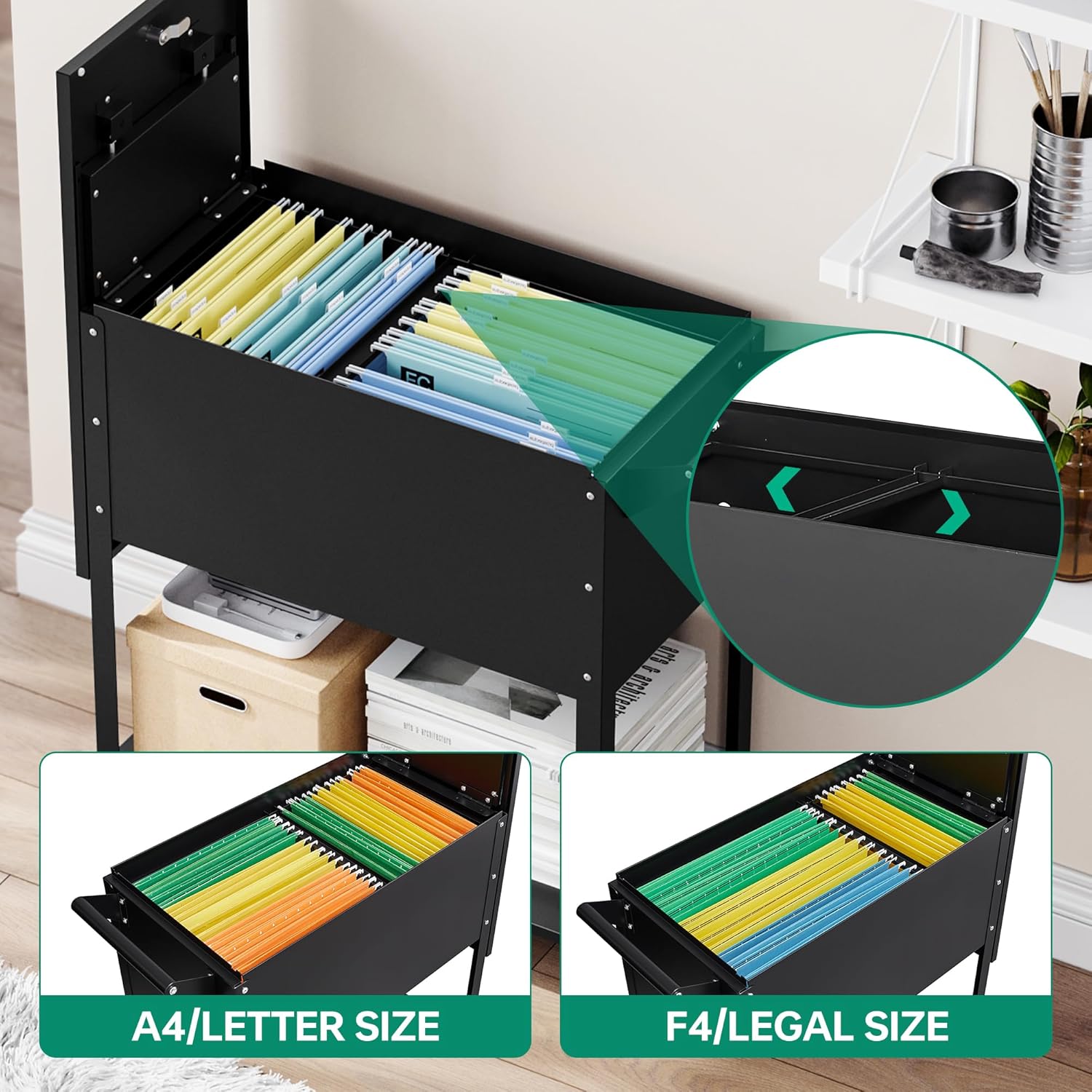 Mobile File Cabinet with Lock-Rolling Filing Cart with Wheels-Hanging Letter/A4/F4/Legal Size Movable Pull-Out File Folder for Home Office-Black