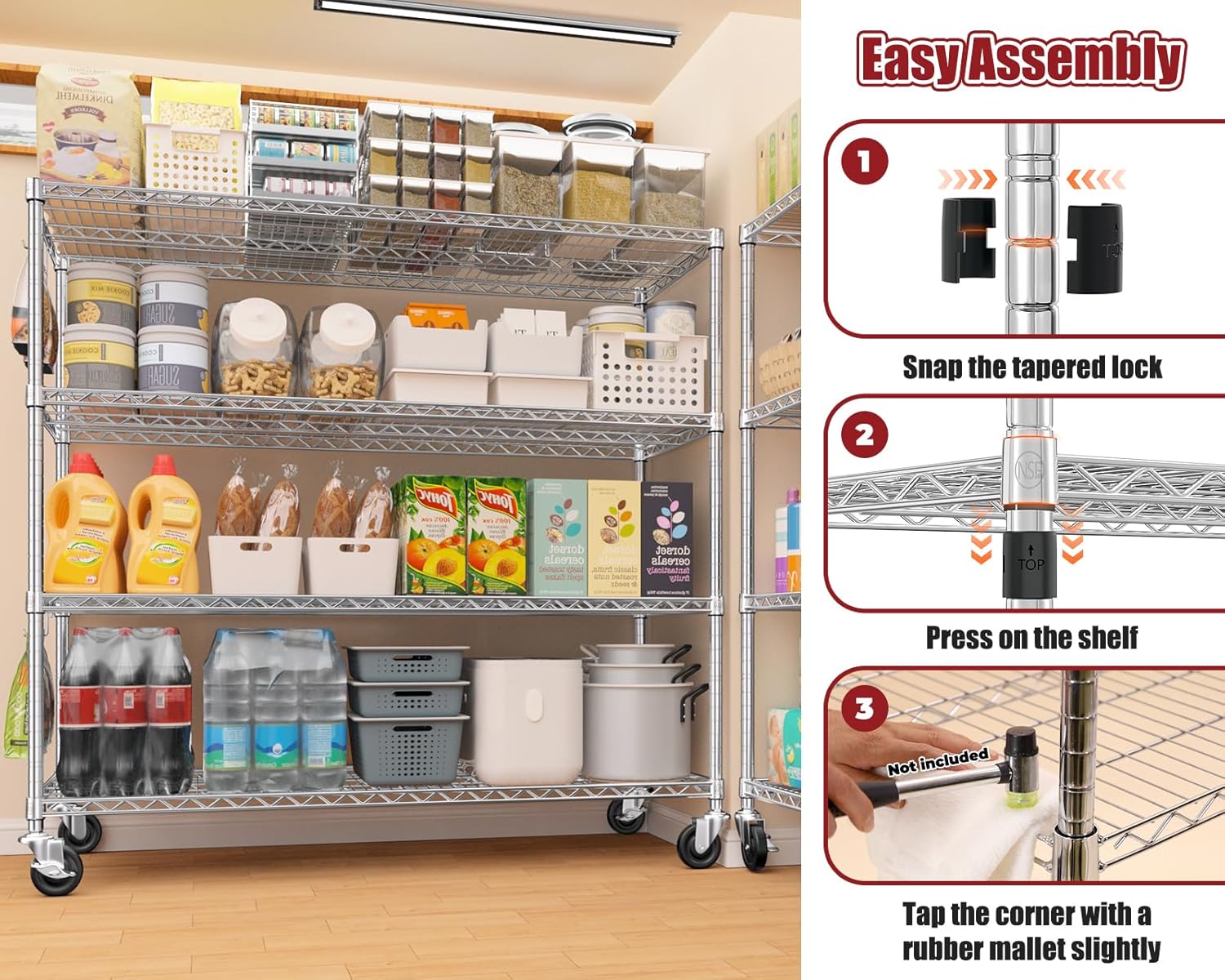 5-Tier Heavy Duty Wire Shelving with Wheels, Adjustable NSF-Certified Rolling Storage Rack for Kitchen, Garage & Laundry, 36"W x 14"D x 74"H