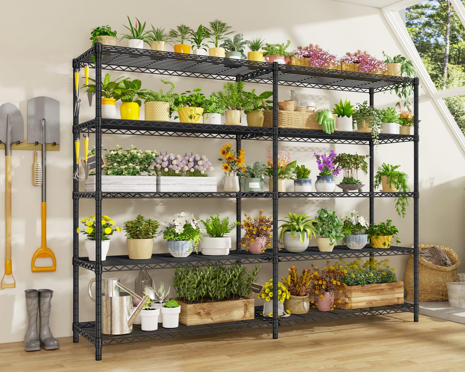 5-Tier Heavy Duty Steel Wire Shelving Unit, Adjustable Garage Storage Rack for Warehouse, Kitchen & Pantry, 72"W x 16"D x 76"H, Black