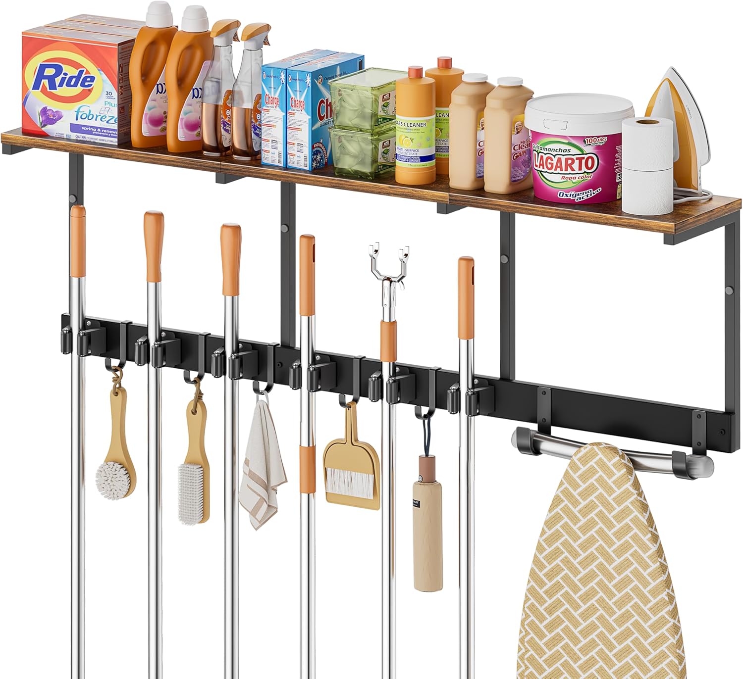 Broom Holder Wall Mount with Cleaning Supplies Organizer, Laundry Room Organization and Storage Shelves with Ironing Board Holder, Mop Hanger Broom Rack with Hooks, Home Improvement Garage Organizer