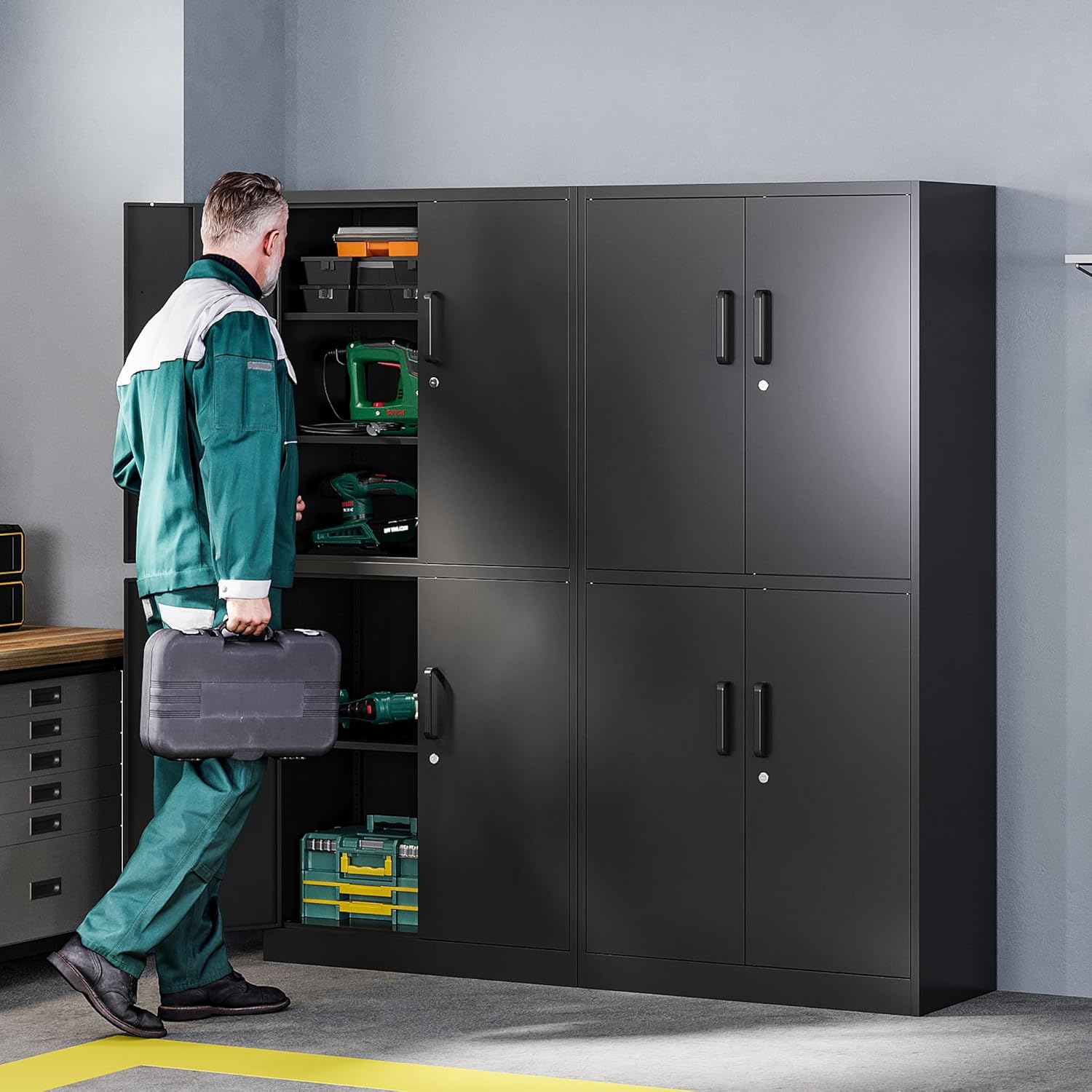 Metal Storage Cabinets with Lock, Small Locker Steel Cabinets, Adjustable Shelves 2 Doors for Home,Office, Warehouse,Garage(Black-36)