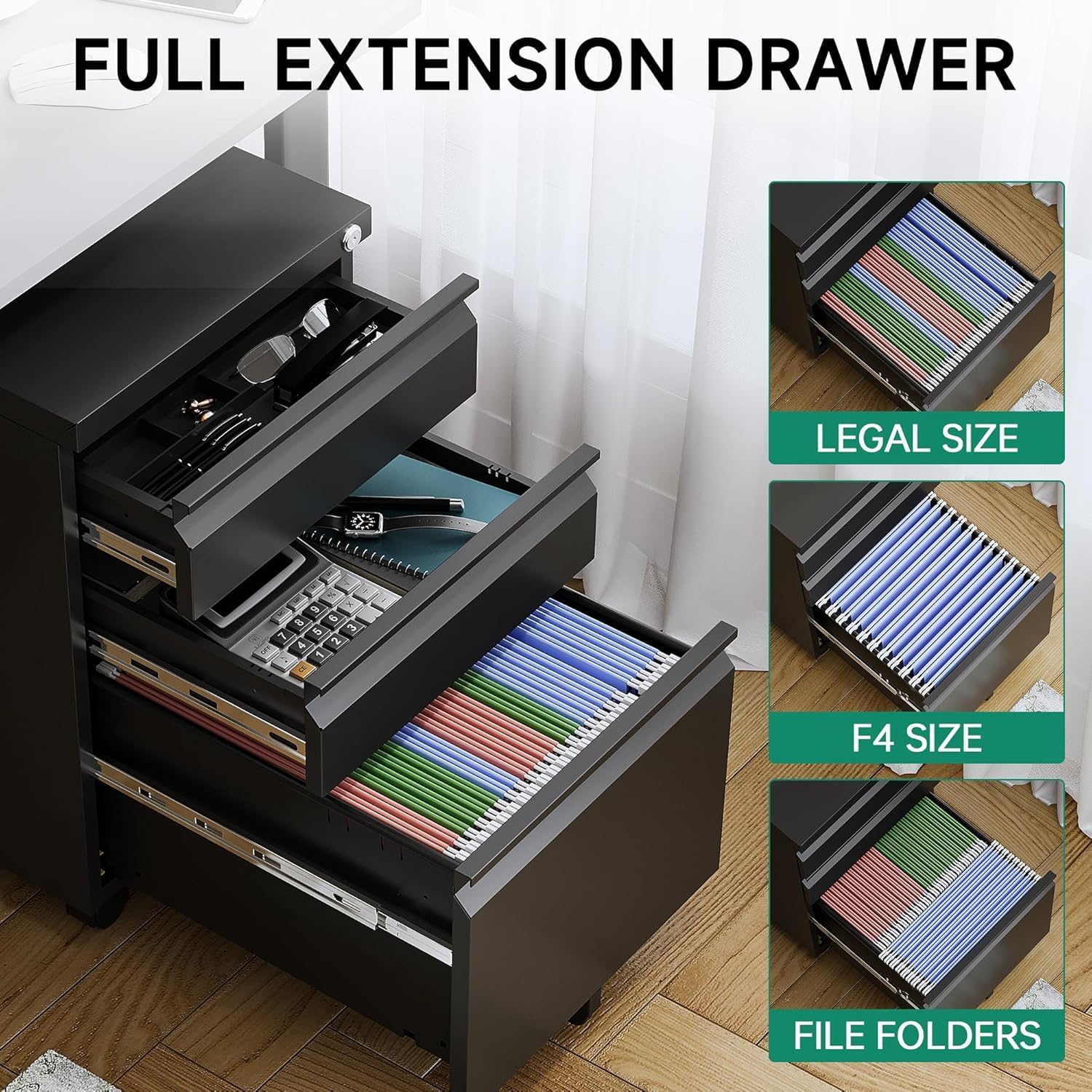 3 Drawer Mobile File Cabinet with Lock,Under Desk Metal Filing Cabinets for Home Office Organizer Letters/Legal/A4((Fully Assembled-Black)