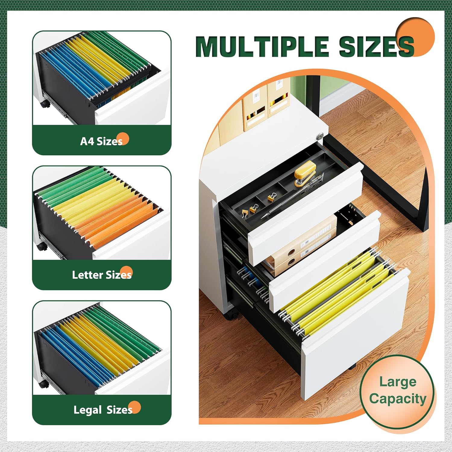 3 Drawer Mobile File Cabinet with Lock,Under Desk Metal Filing Cabinets for Home Office Organizer Letters/Legal/A4((Fully Assembled-Black)