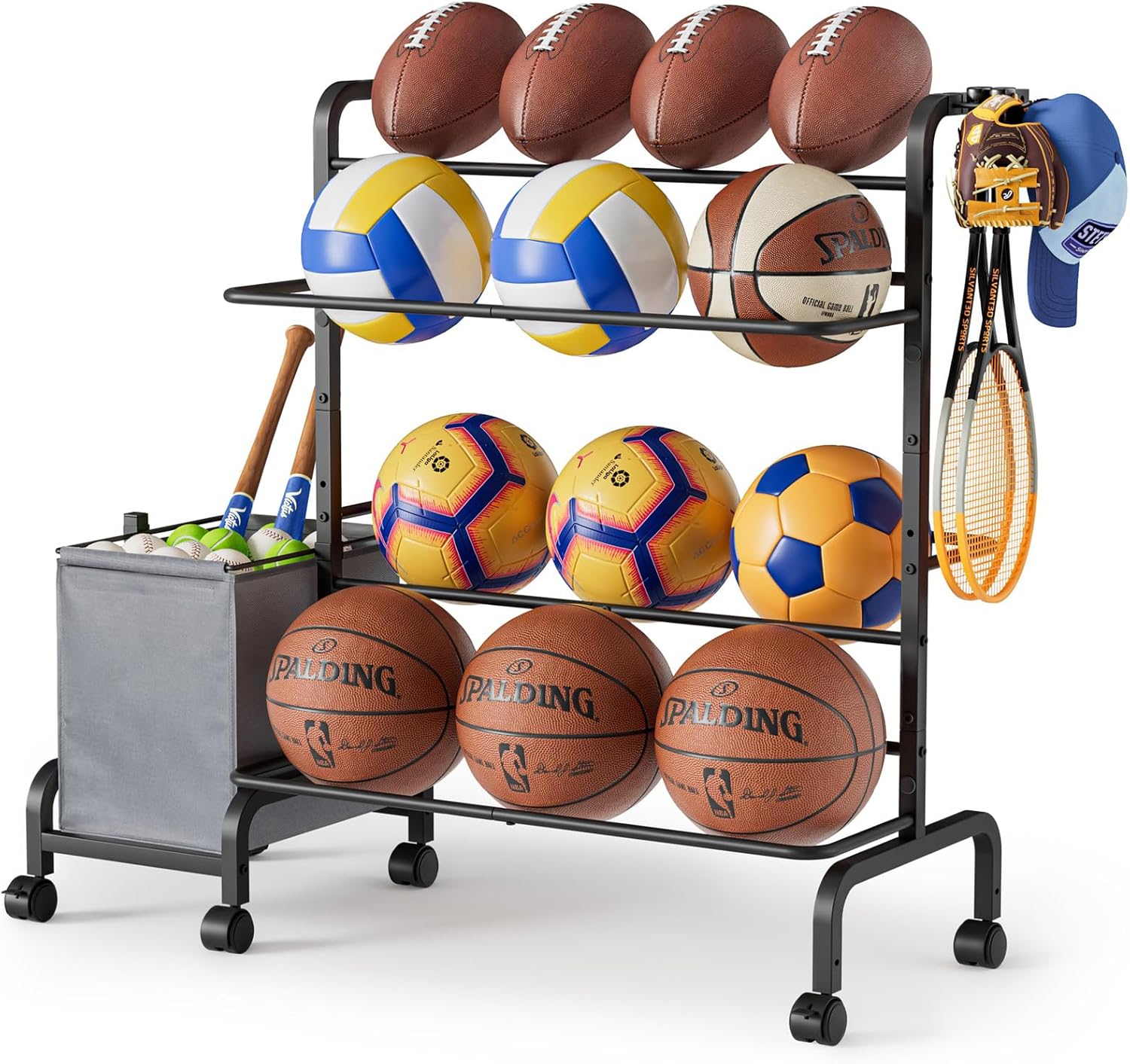 Ball Storage Rack, Adjustable Basketball Holder Display Stand with Ball Basket Bin Hooks, Outdoor Ball Cart with wheels for Soccer Football Tennis Baseball, Sport Equipment Organizer for Garage Gym
