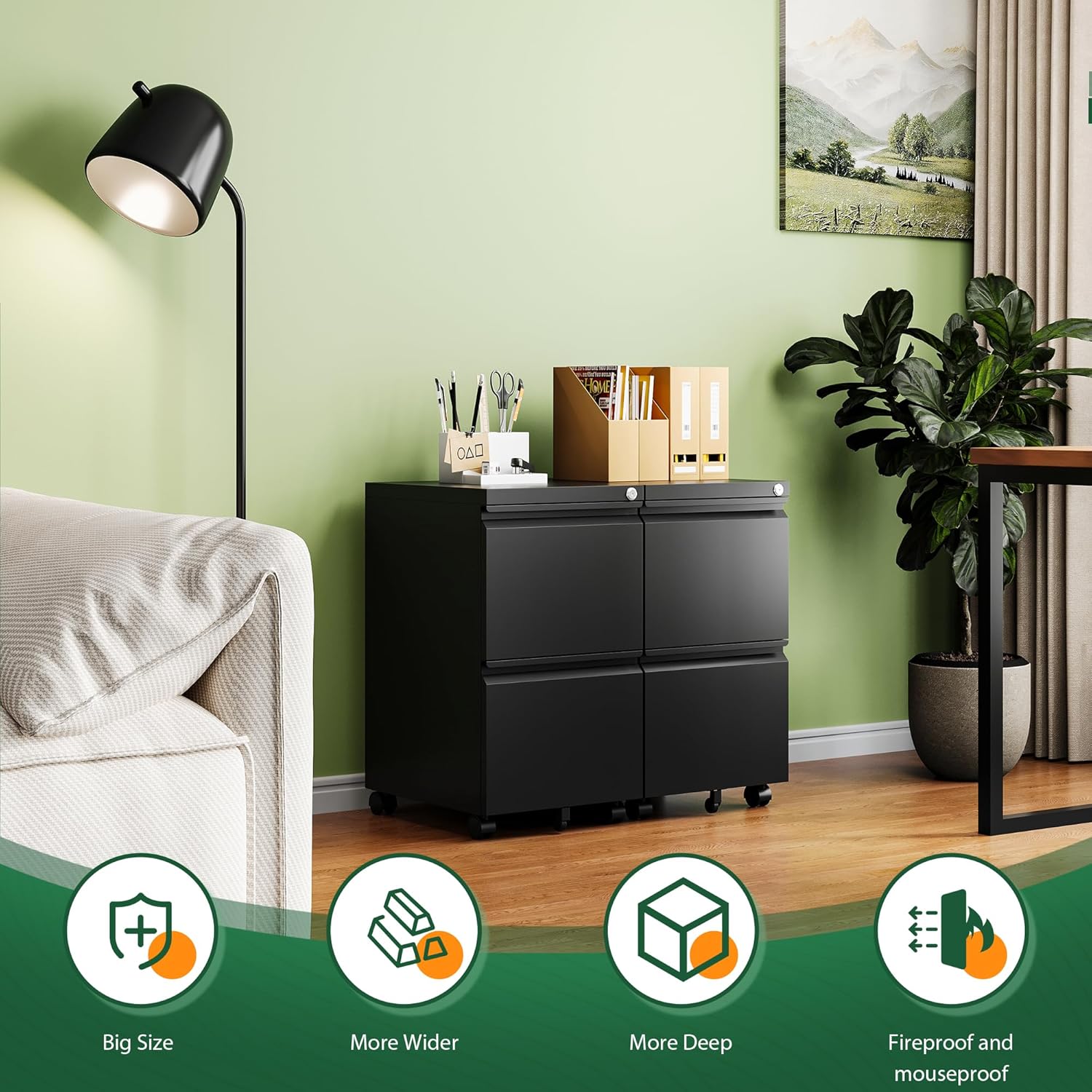 3 Drawer Mobile File Cabinet with Lock,Under Desk Metal Filing Cabinets for Home Office Organizer Letters/Legal/A4((Fully Assembled-Black)