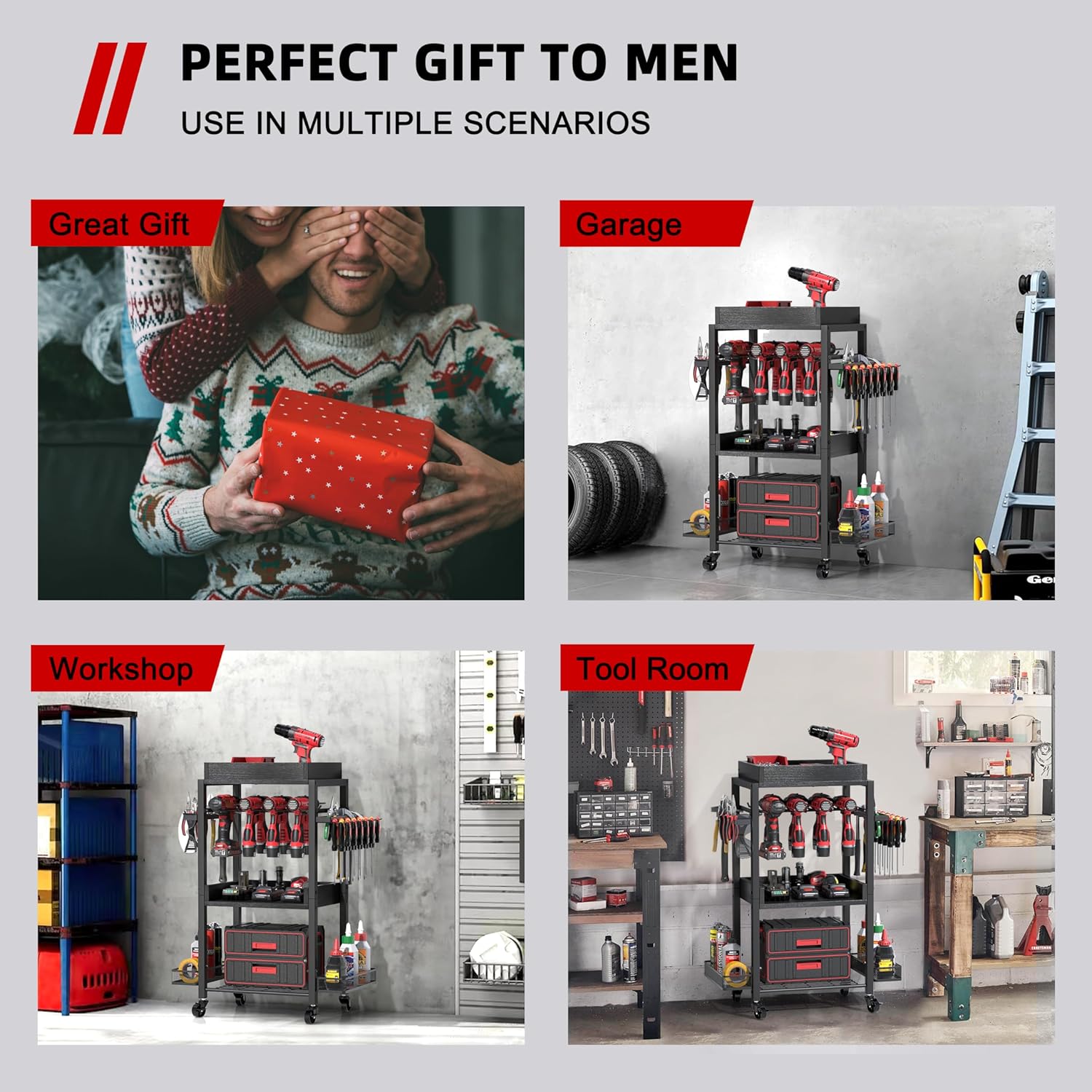 Power Tool Organizer Garage Storage Organization Shelving Tool Holder Drill Rack Shelf Rolling Cart Open Tool Chest Cabinet Box Organizer with Wheels Workshop Garage Gift Ideas for Men Dad