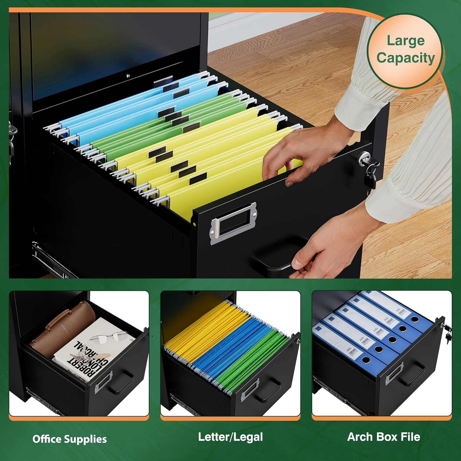 2 Drawer File Cabinet with Lock,Metal Office Small Filing Cabinets for Home Office,Storage Letter,Black-Easy Assemble