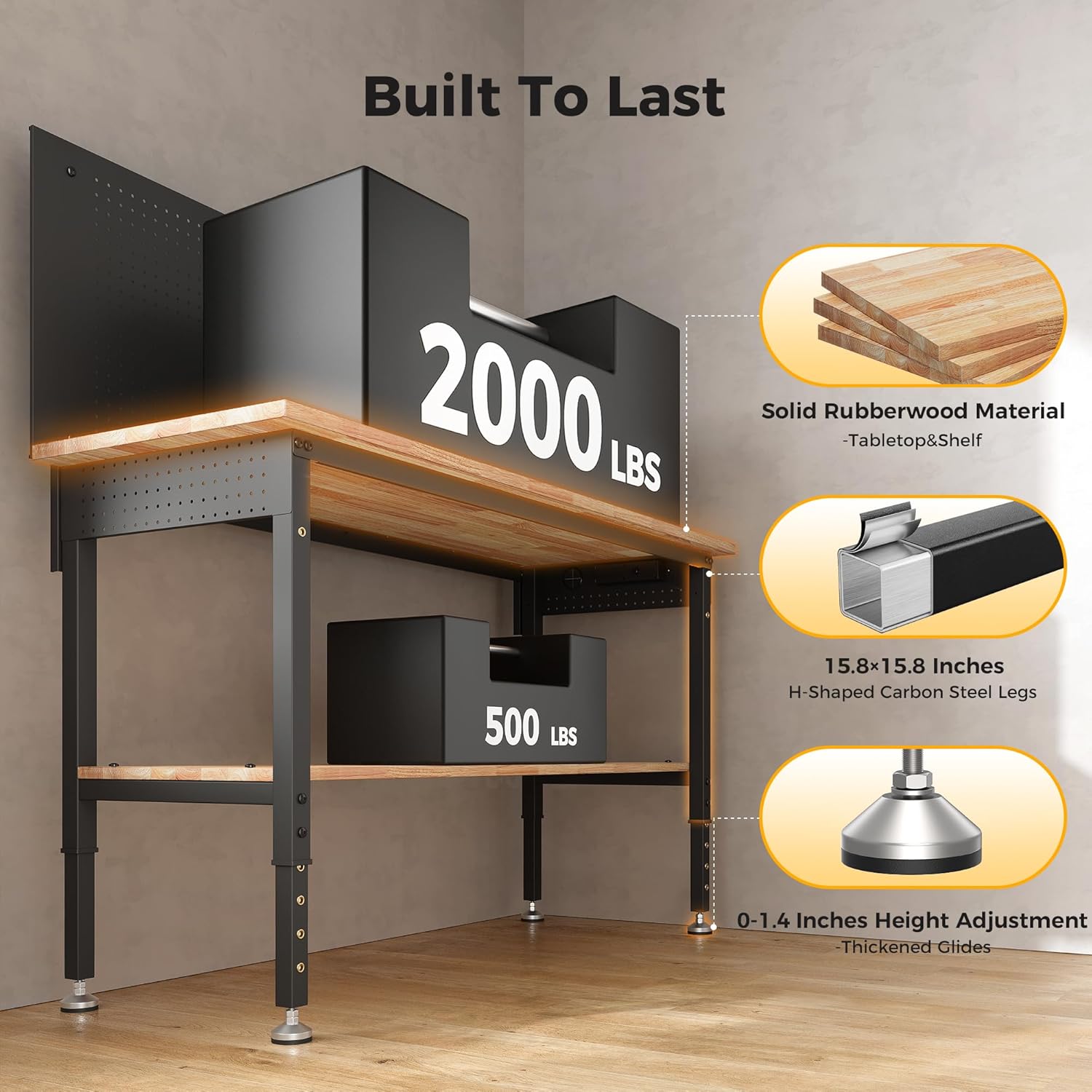 Heavy Duty Adjustable Workbench with Storage Shelf, Rubberwood Tabletop with Pegboard, LED Light & Power Strip for Garage & Workshop, 60"W, 2000 lbs Capacity
