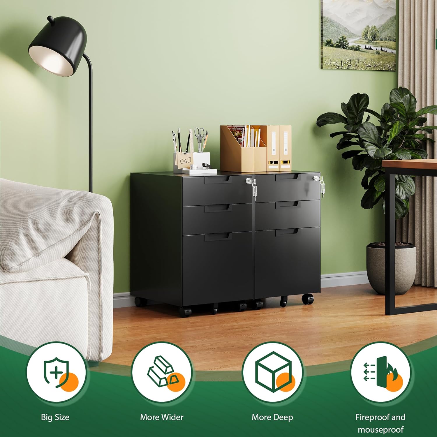 3 Drawer Mobile File Cabinet with Lock,Under Desk Metal Filing Cabinets for Home Office Organizer Letters/Legal/A4((Fully Assembled-Black)